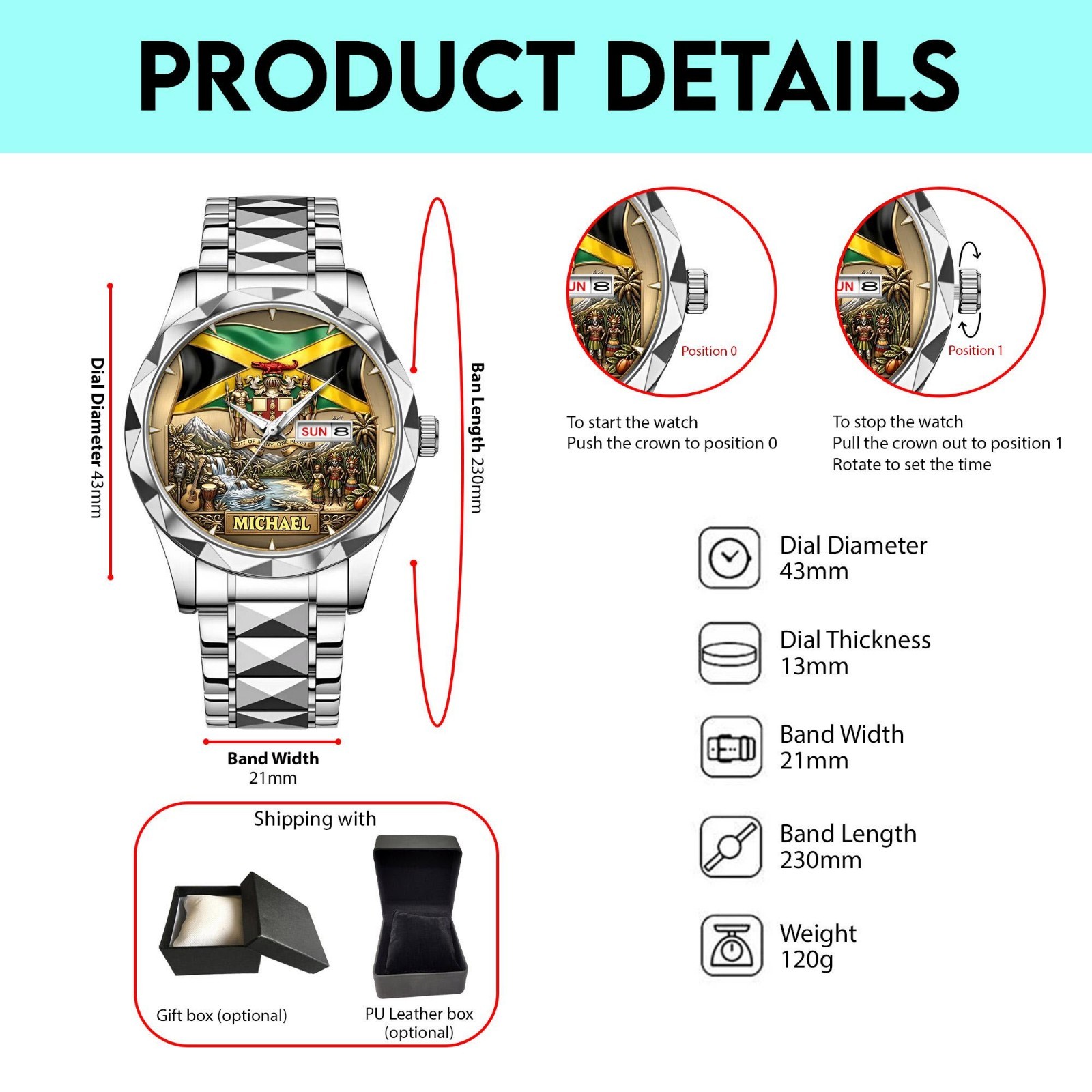 Personalized Jamaica Dial Watch Custom Name Jamaican Flag Pride Gift Men Heritag