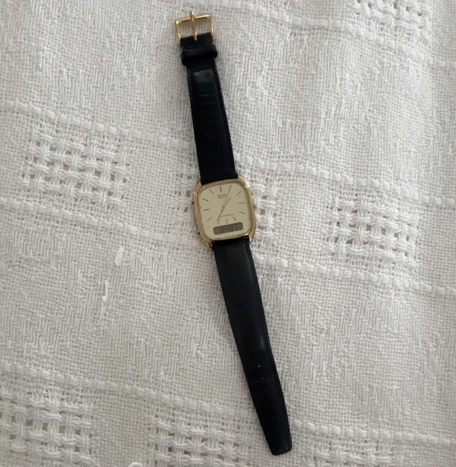 Seiko Quartz Analog-Digital Square Gold Tone & Black Leather Watch