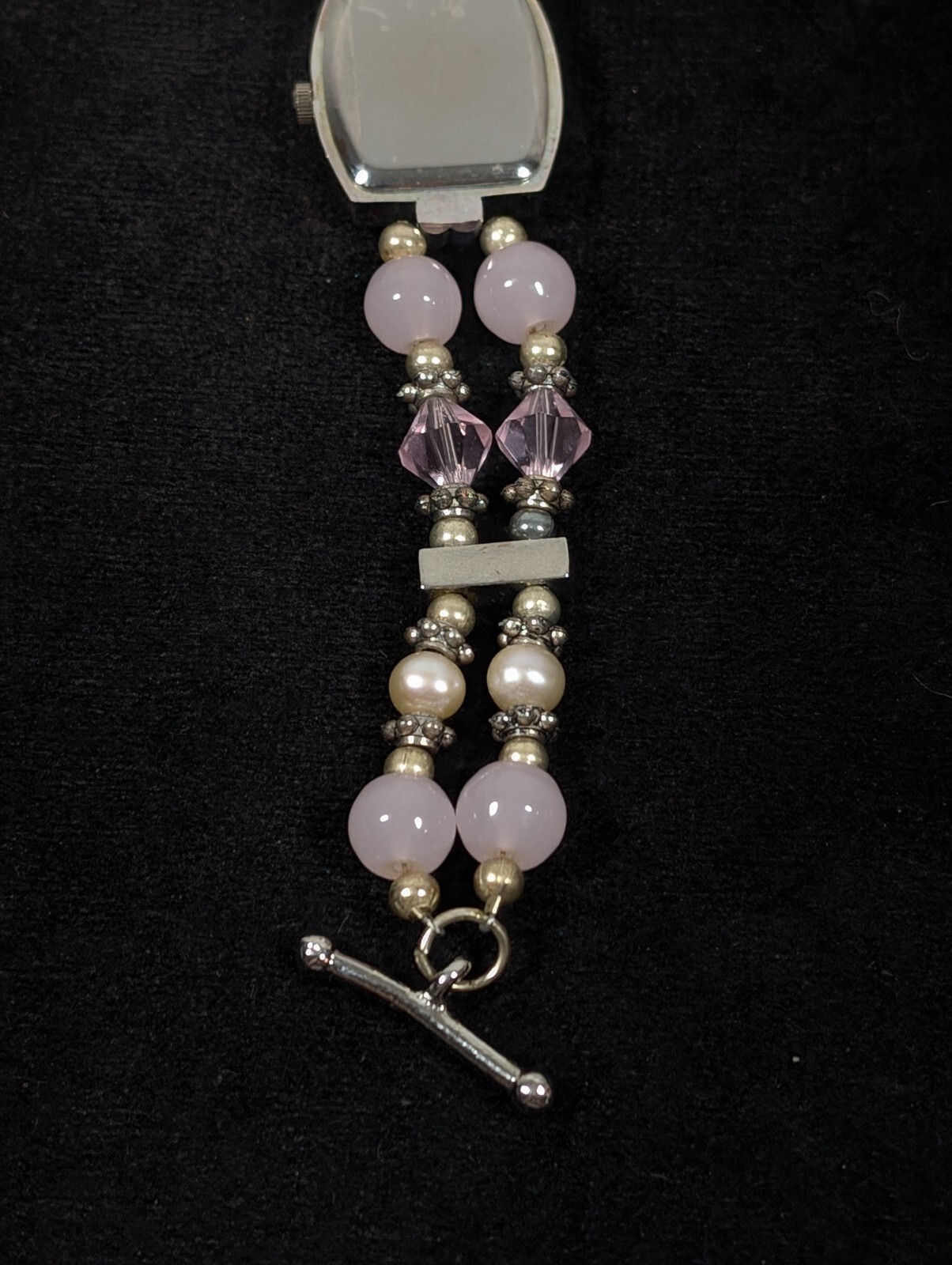 Pink Ribbon Awareness Glass Bead Toggle Bracelet Watch 6.5 inches