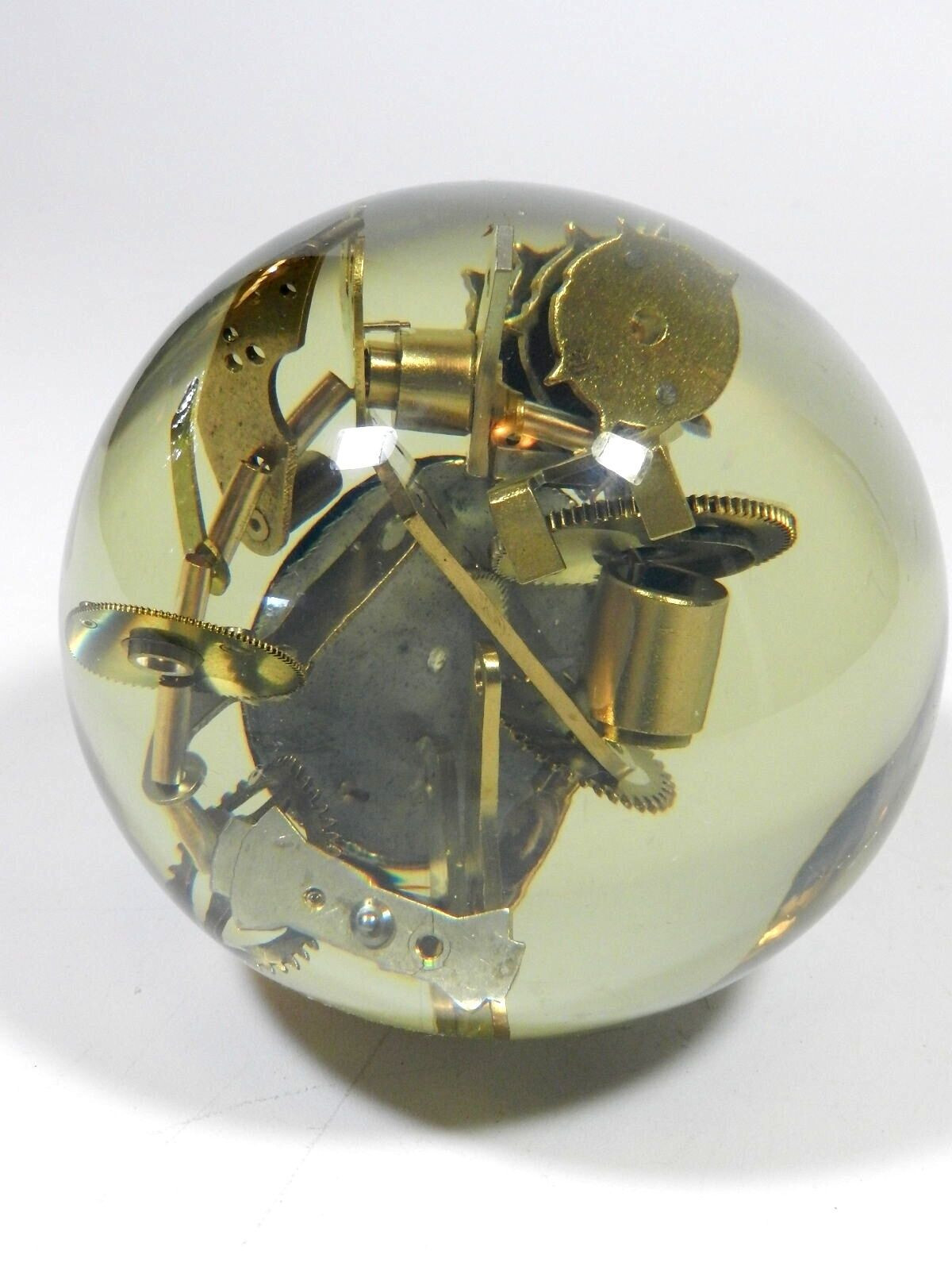 Vintage Lucite Embedded Brass Watch Parts Ball Sculpture Resin Acrylic Sphere
