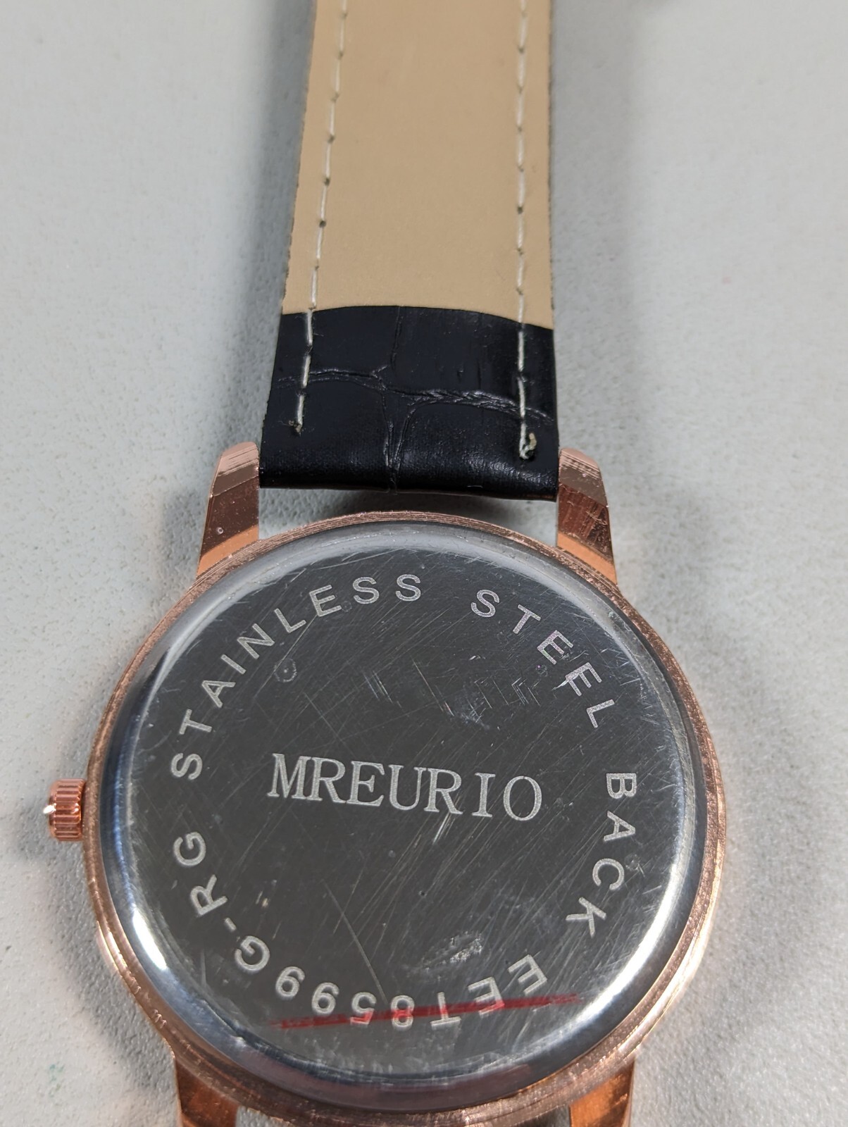 Mreurio White Dial Round Gold Tone Case Black Faux Leather Band Watch