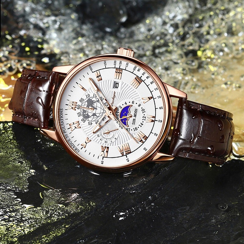 POEDAGAR Leather Luminous Men’s Quartz Watch Chronograph Waterproof Wristwatches