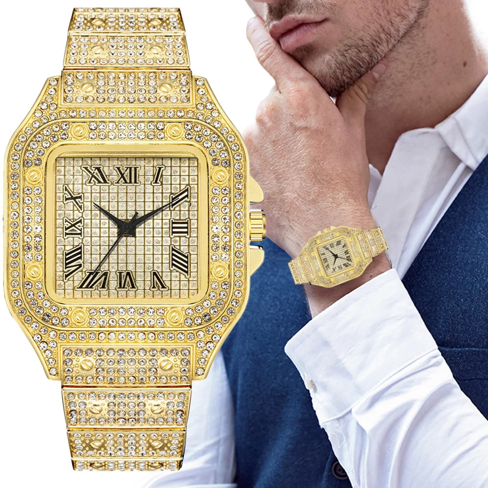 Luxury Men’s Quartz Watch Steel Strap Square Roman Dial Business Wristwatch