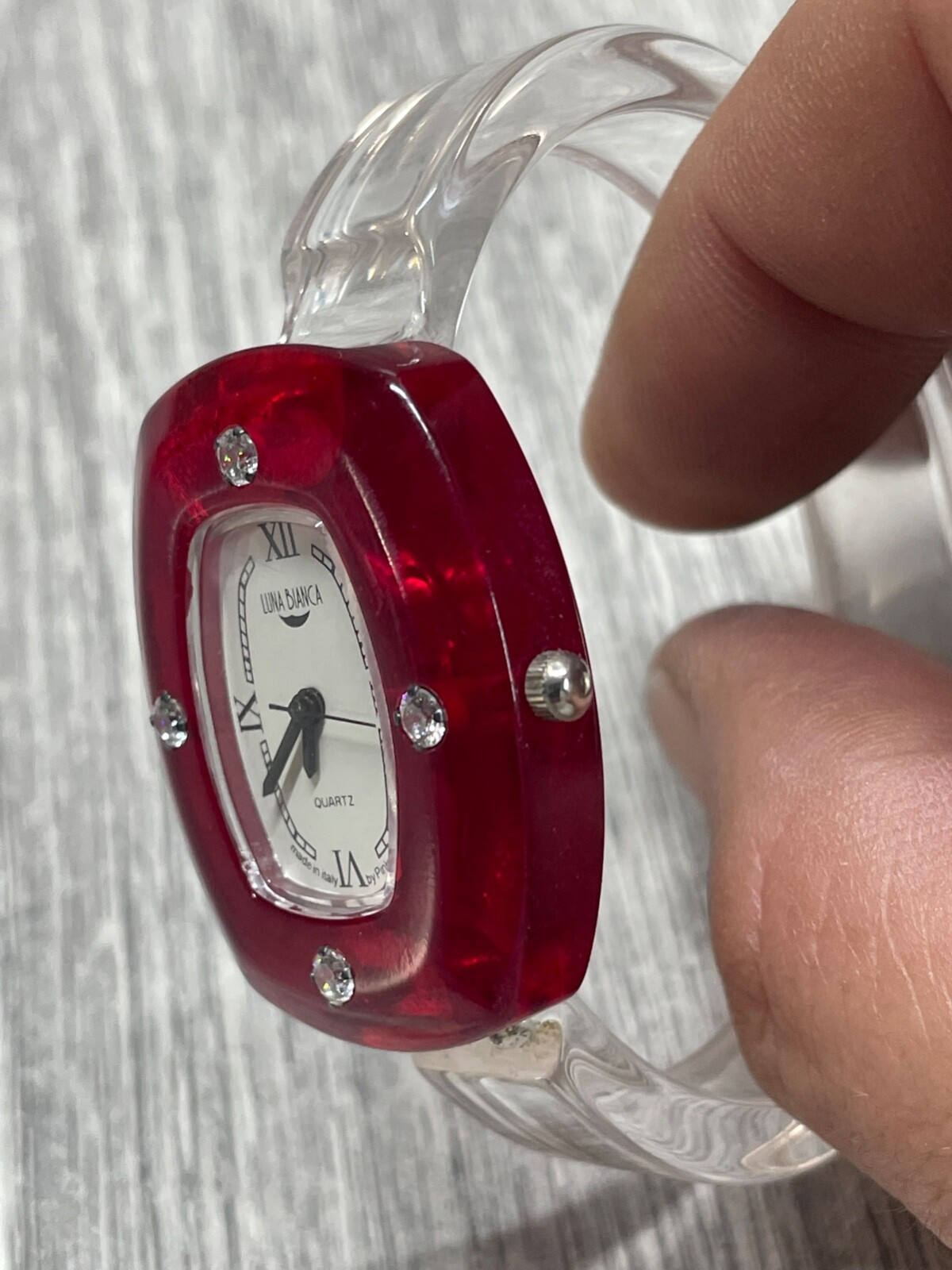 Luna Bianca Watch Clear Lucite Bracelet ITALIAN Red Face New Battery