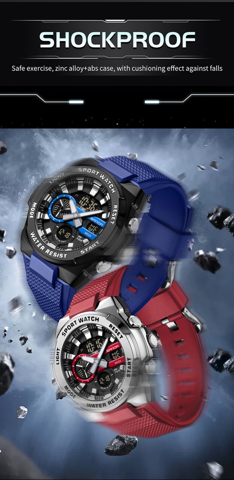Dual display dial multifunctional sports style luminous quartz waterproof watch