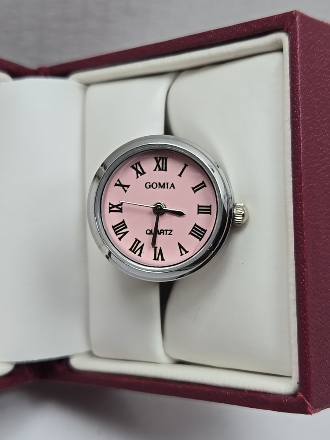 Gomia Pink Dial Ring Watch Roman Numerals Silver Stretch Band New Battery Ladies