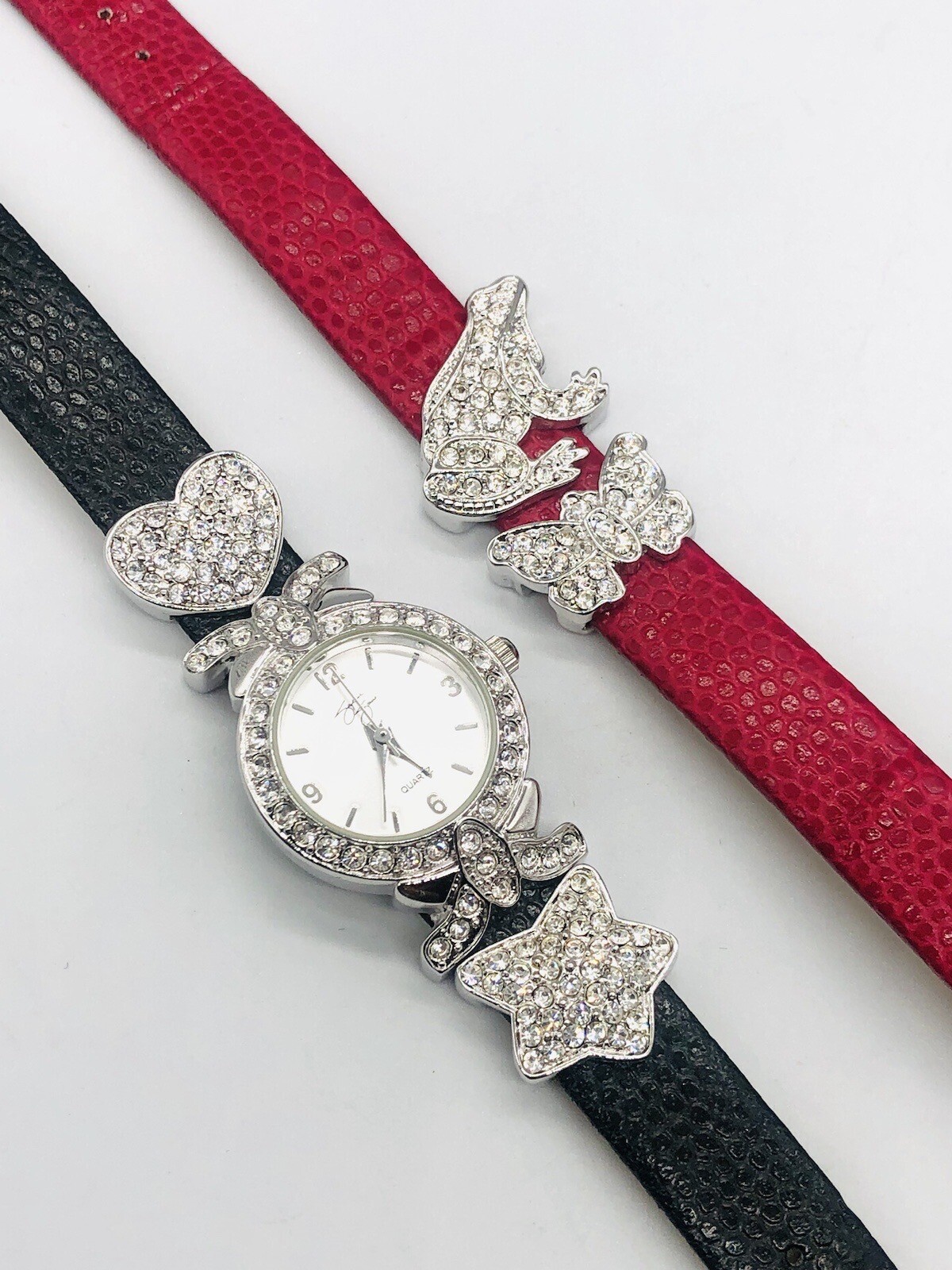 SUZANNE SOMERS Clear Frog Star Black Red Leather Bands Watch W Box Need Battery