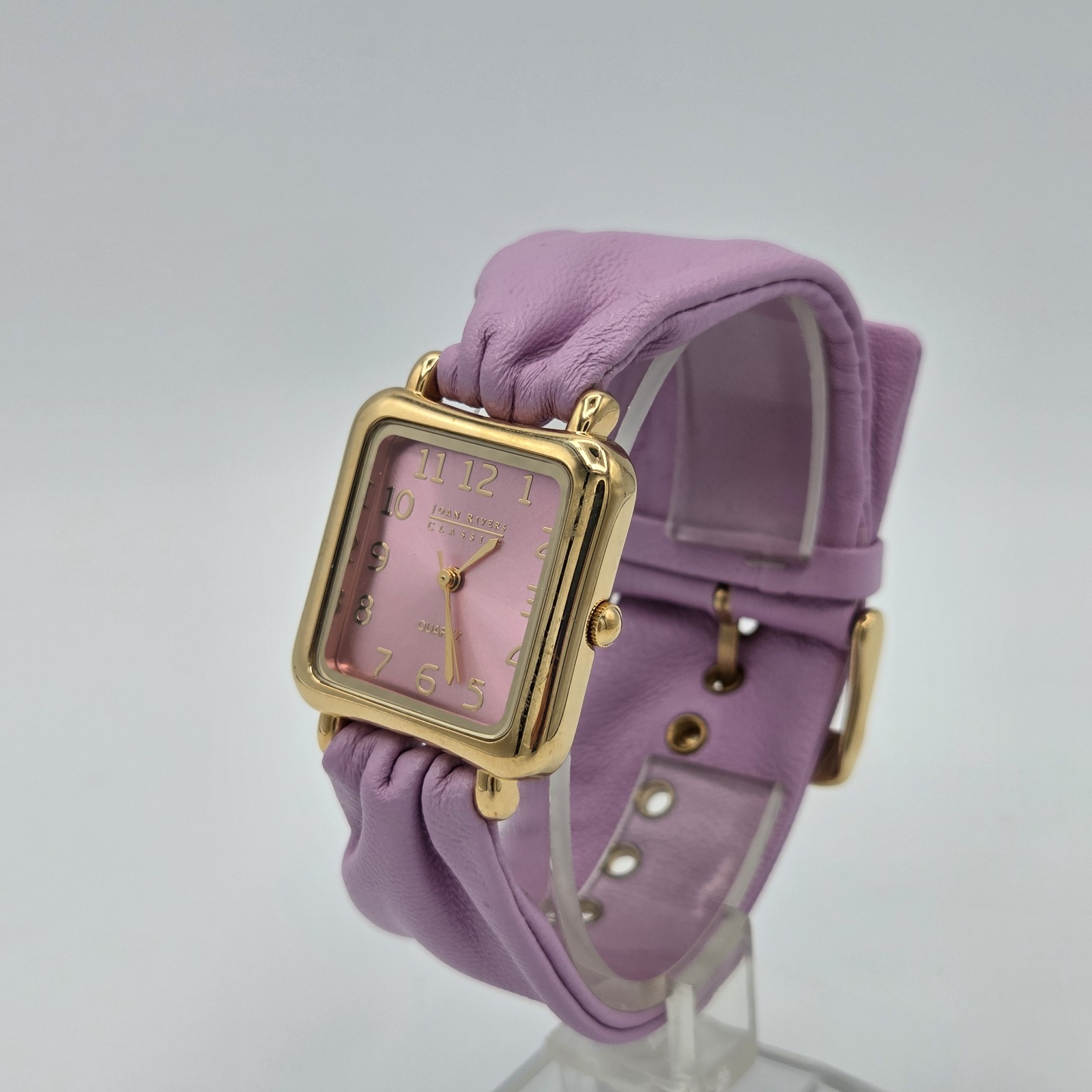Joan Rivers Classics Watch Square Goldtone Case Pink Dial Purple Leather Band