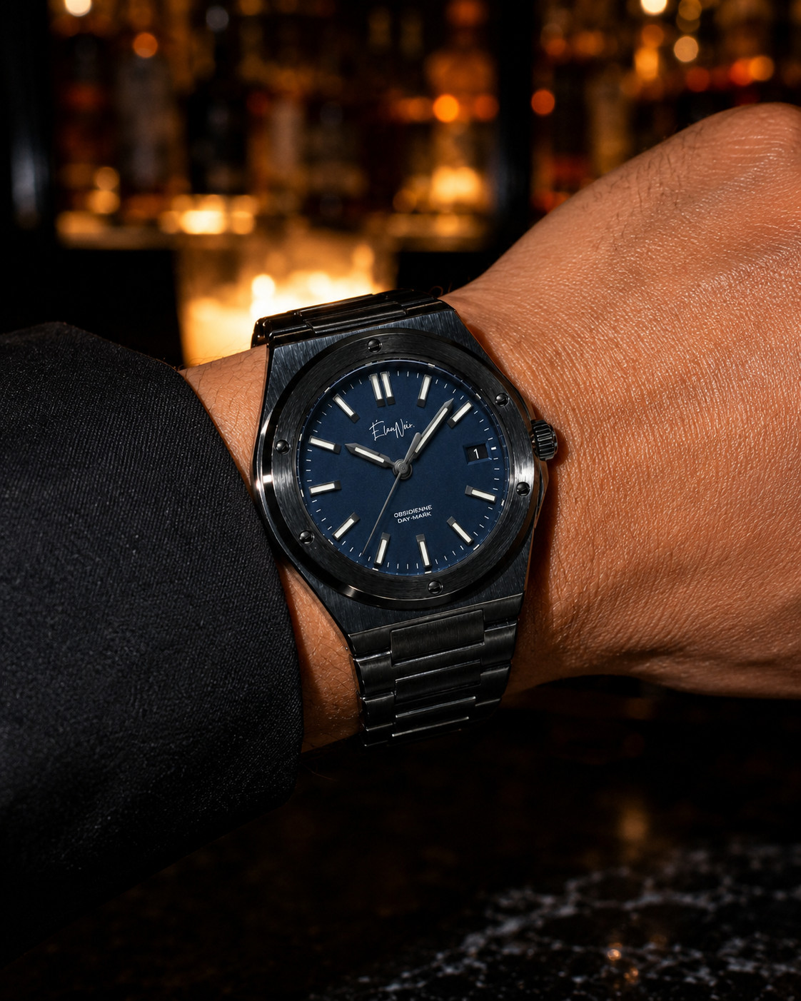 Custom Élan Noir Day-Mark Auto NH35 Watch Navy Blue Dial Sapphire Steel 41mm