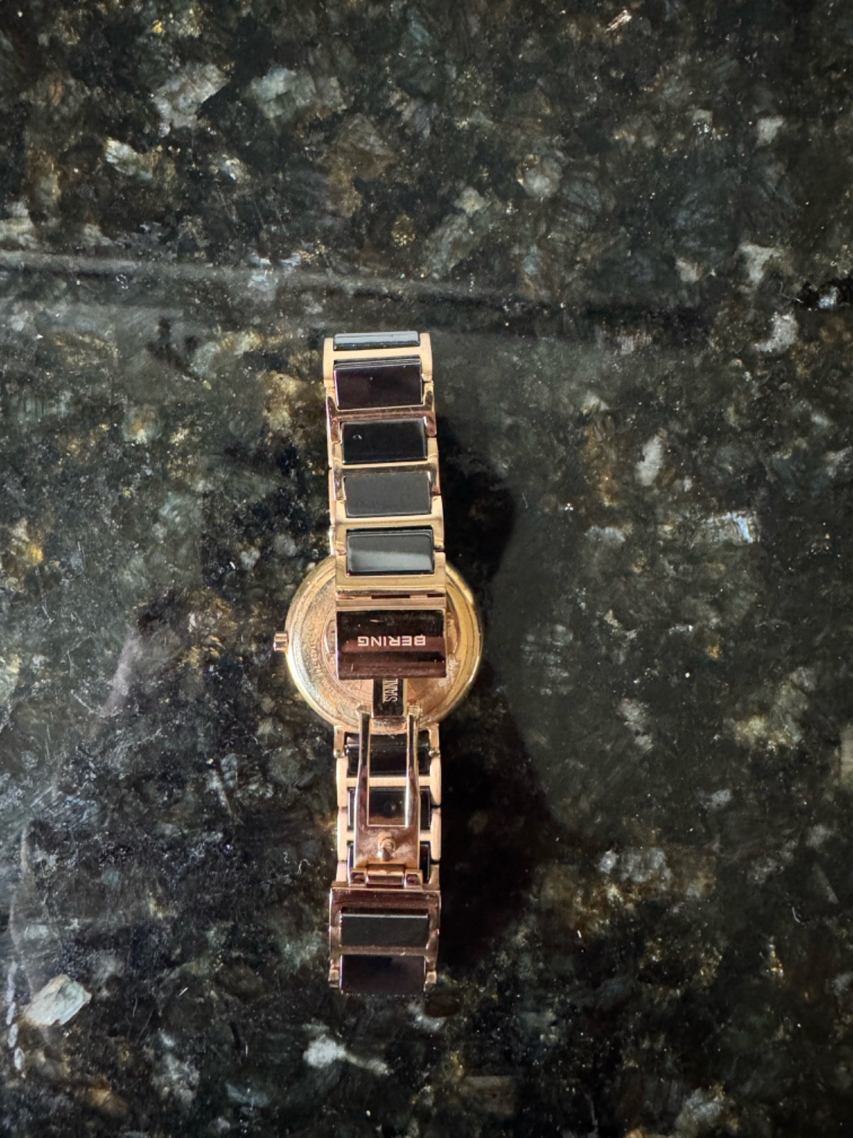 Bering Ceramic Women’s Watch Black Rose Gold Link Bracelet Swarovski Sapphire