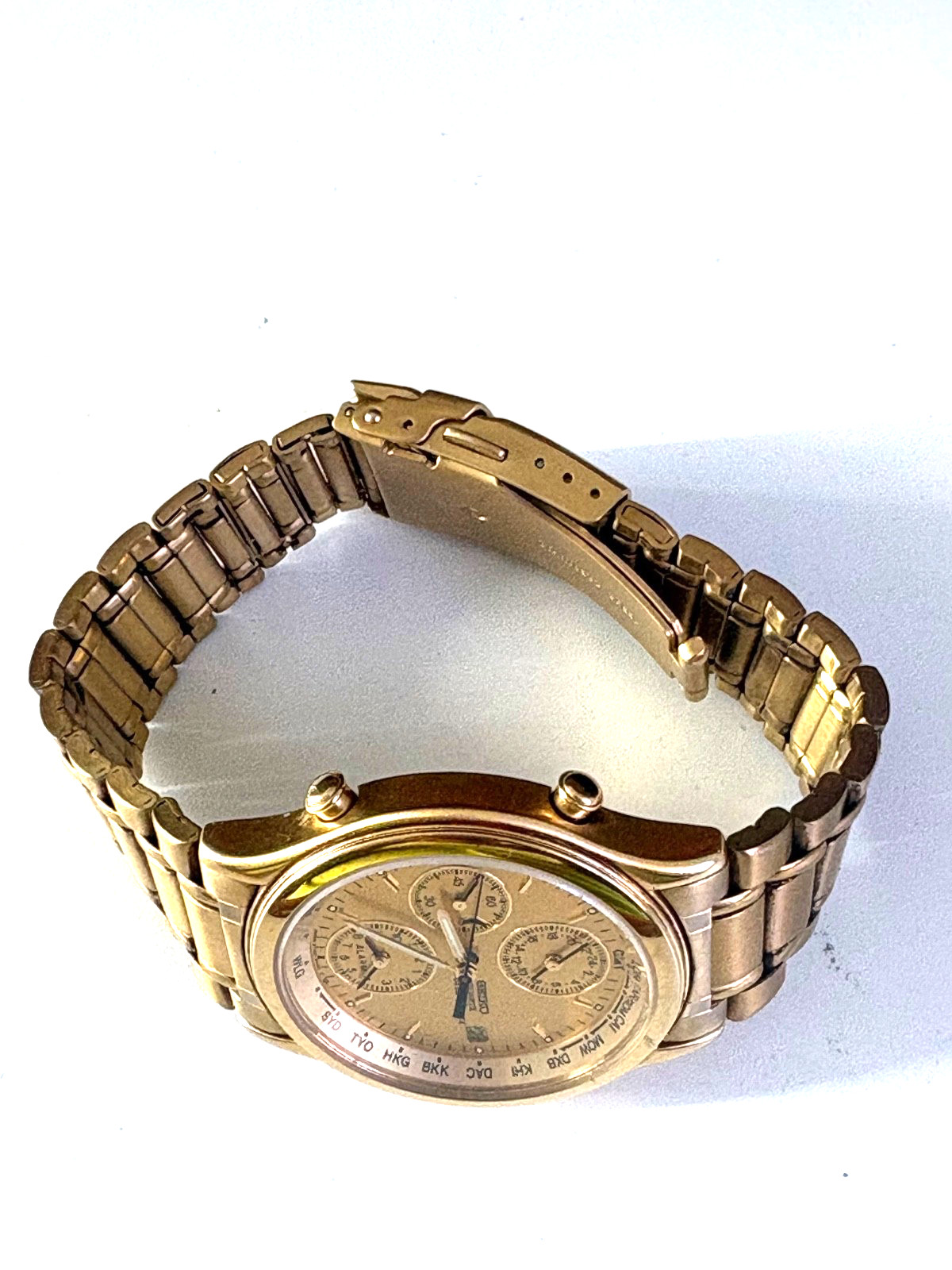 VINTAGE SEIKO WORLD TIMER 5T52-6A29 DUAL TIME ALARM GOLD TONE QUARTZ MENS WATCH