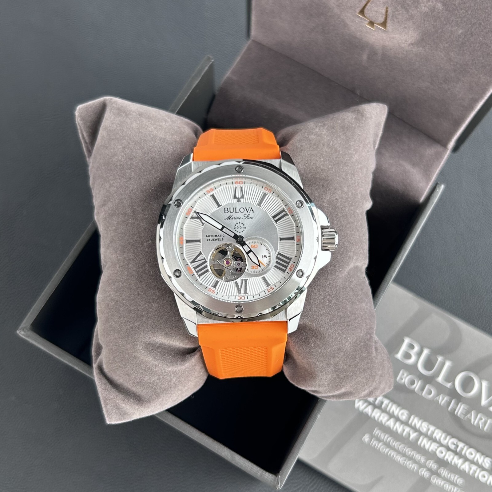 Bulova Marine Star Silver Dial-Orange Silicon Strap 98A226 Automatic Men’s Watch