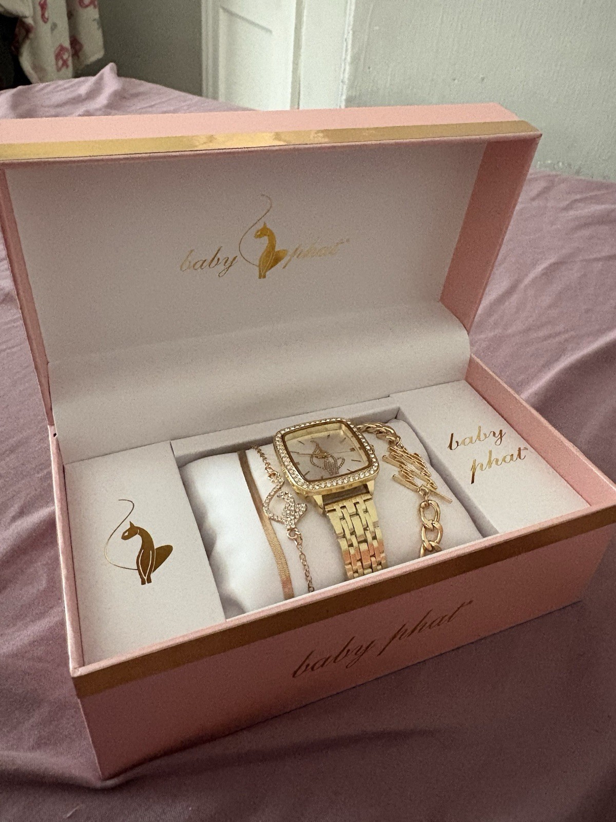 Baby Phat Women’s Gold-Tone Square Analog Watch Gem-Set Bezel Bracelet Set Box