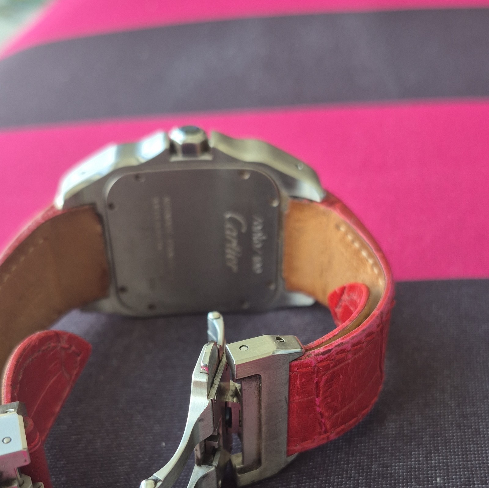 Cartier Santos Automatic Square Silver Watch White Roman Dial Red Strap