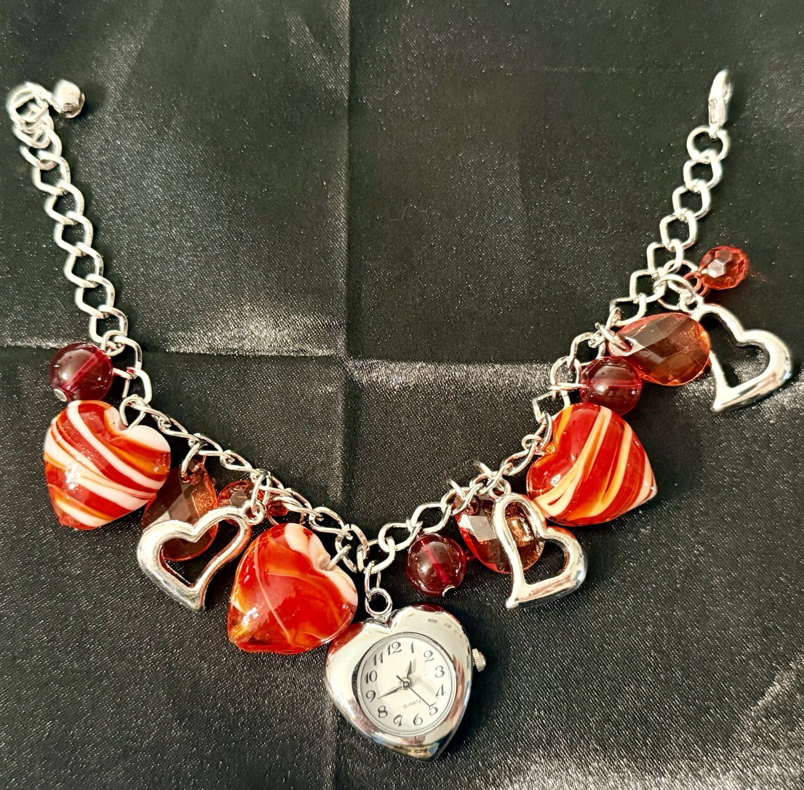 Heart Charm Bracelet Watch Silver Tone Red Crystal Beads Quartz New Battery