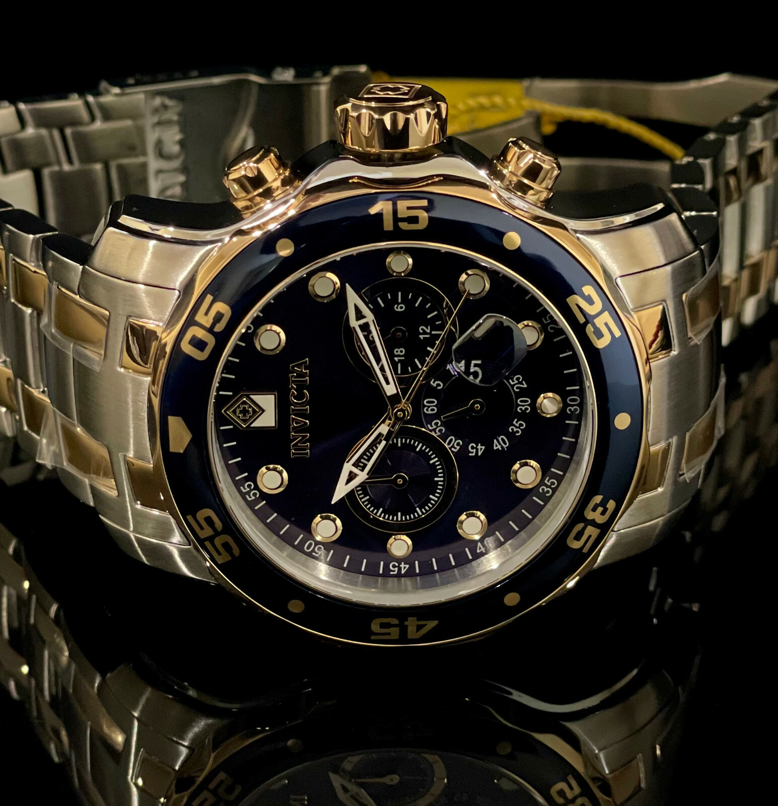 Invicta Men PRO DIVER SCUBA Chronograph Blue Dial 18K Gold Silver SS Watch 0077