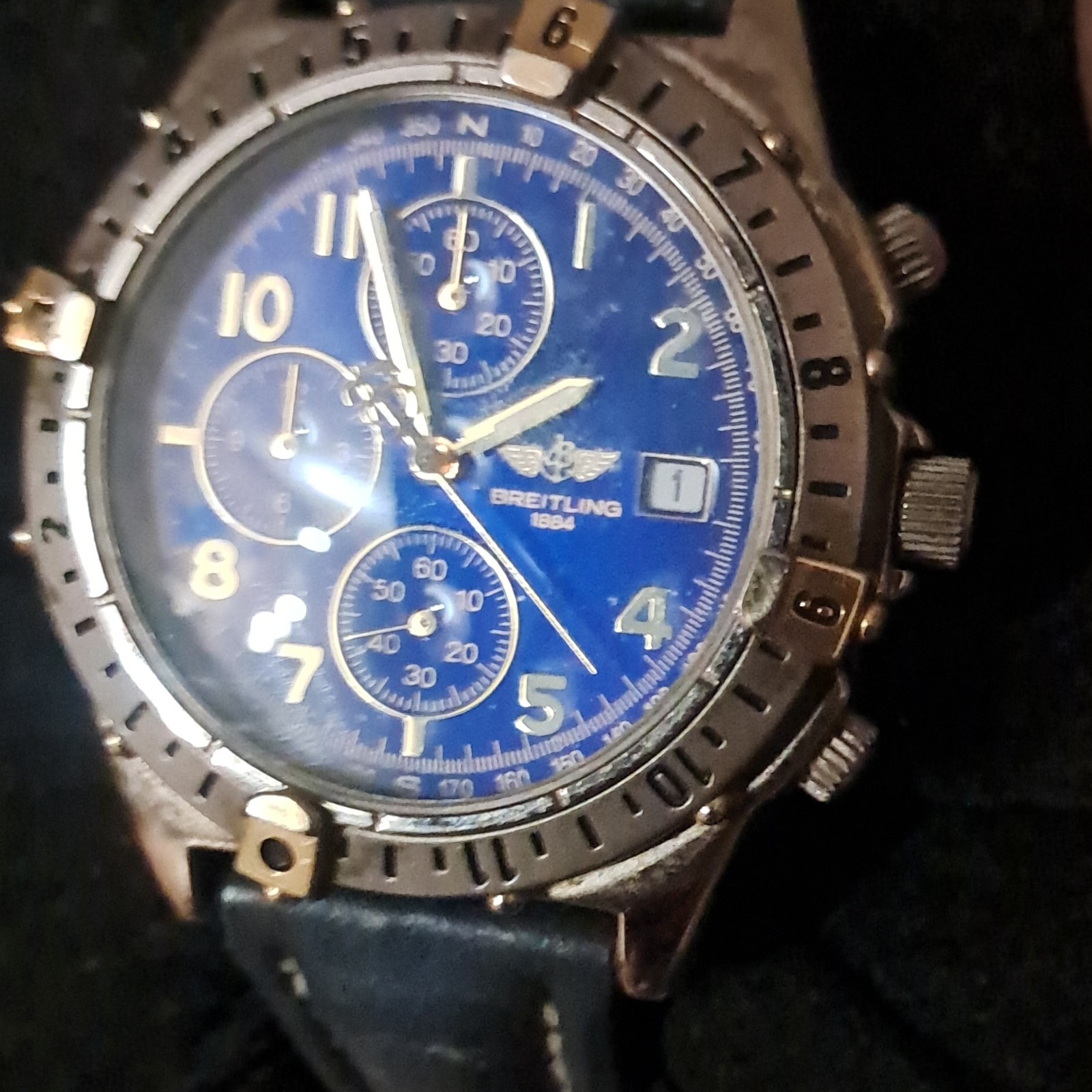 Breitling Blue Dial Chronograph Date Quartz Watch Blue Leather Strap 12-Hr