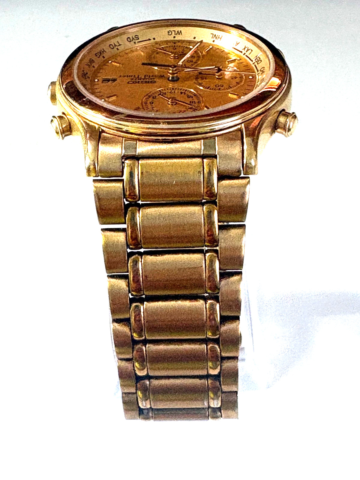 VINTAGE SEIKO WORLD TIMER 5T52-6A29 DUAL TIME ALARM GOLD TONE QUARTZ MENS WATCH