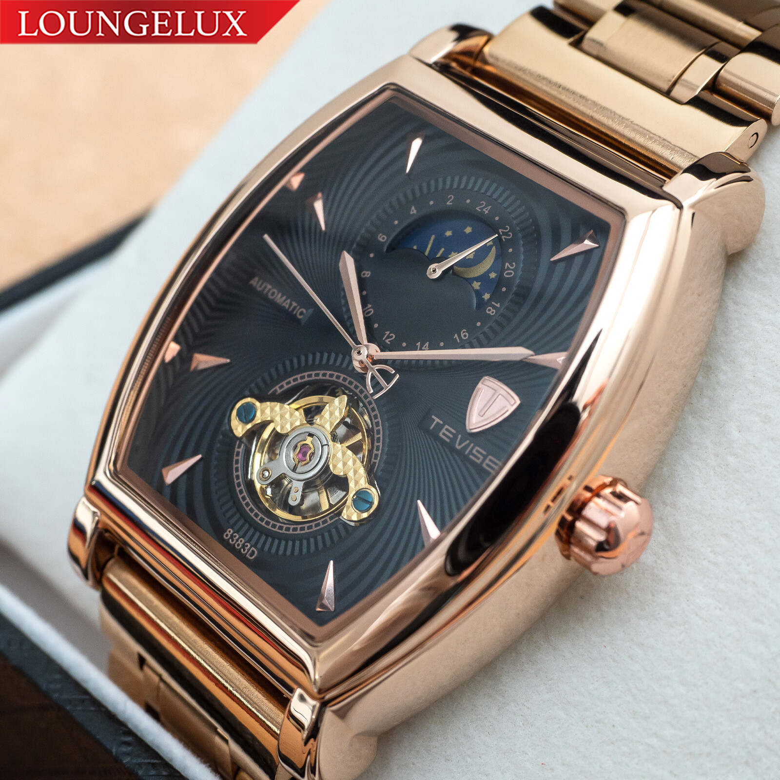 Mens Rose Gold Moon Sun Automatic Mechanical Watch Stainless Steel 24HR Dial