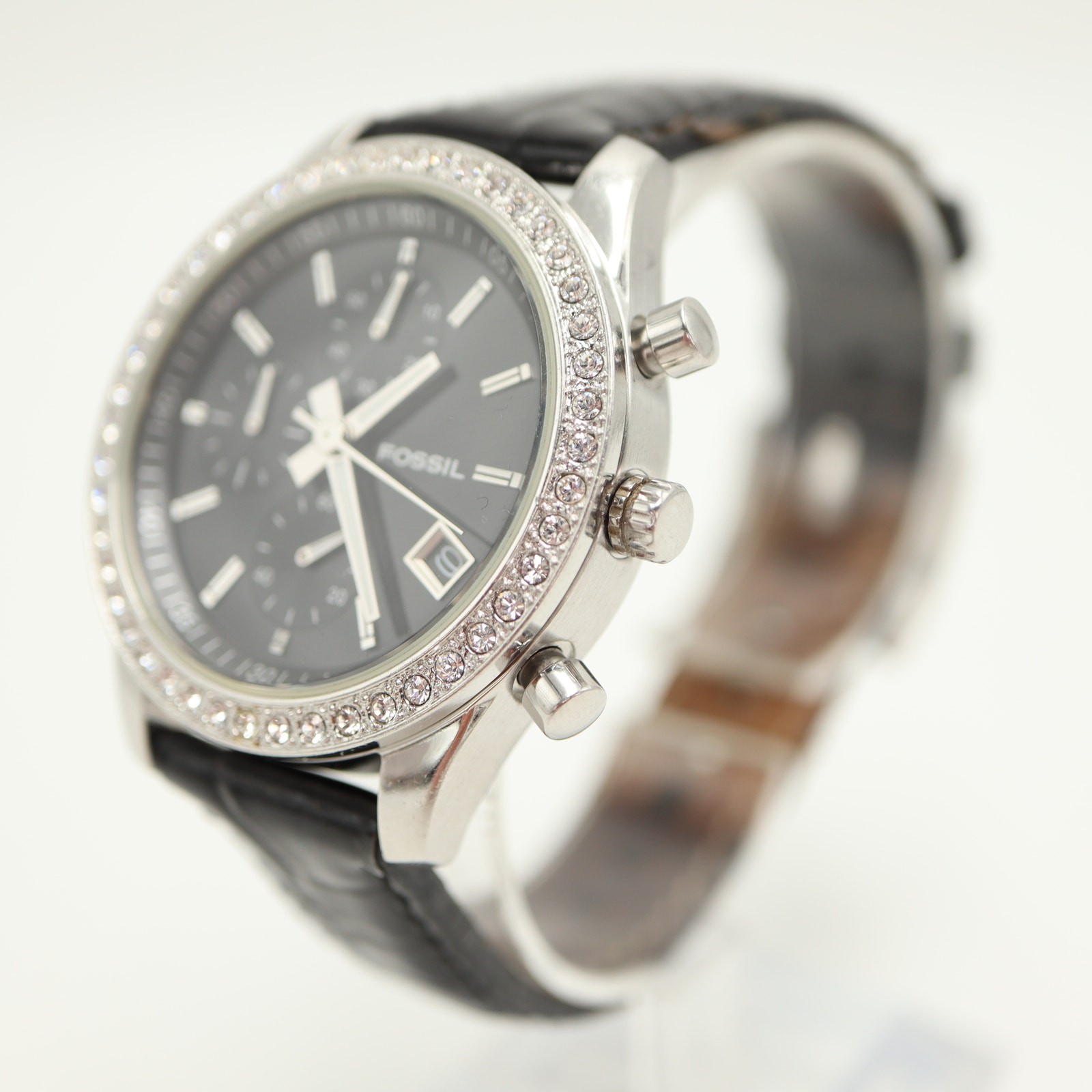 Fossil Arkitekt Chronograph 37mm Watch Black Leather Gem Set ES1648 New Battery