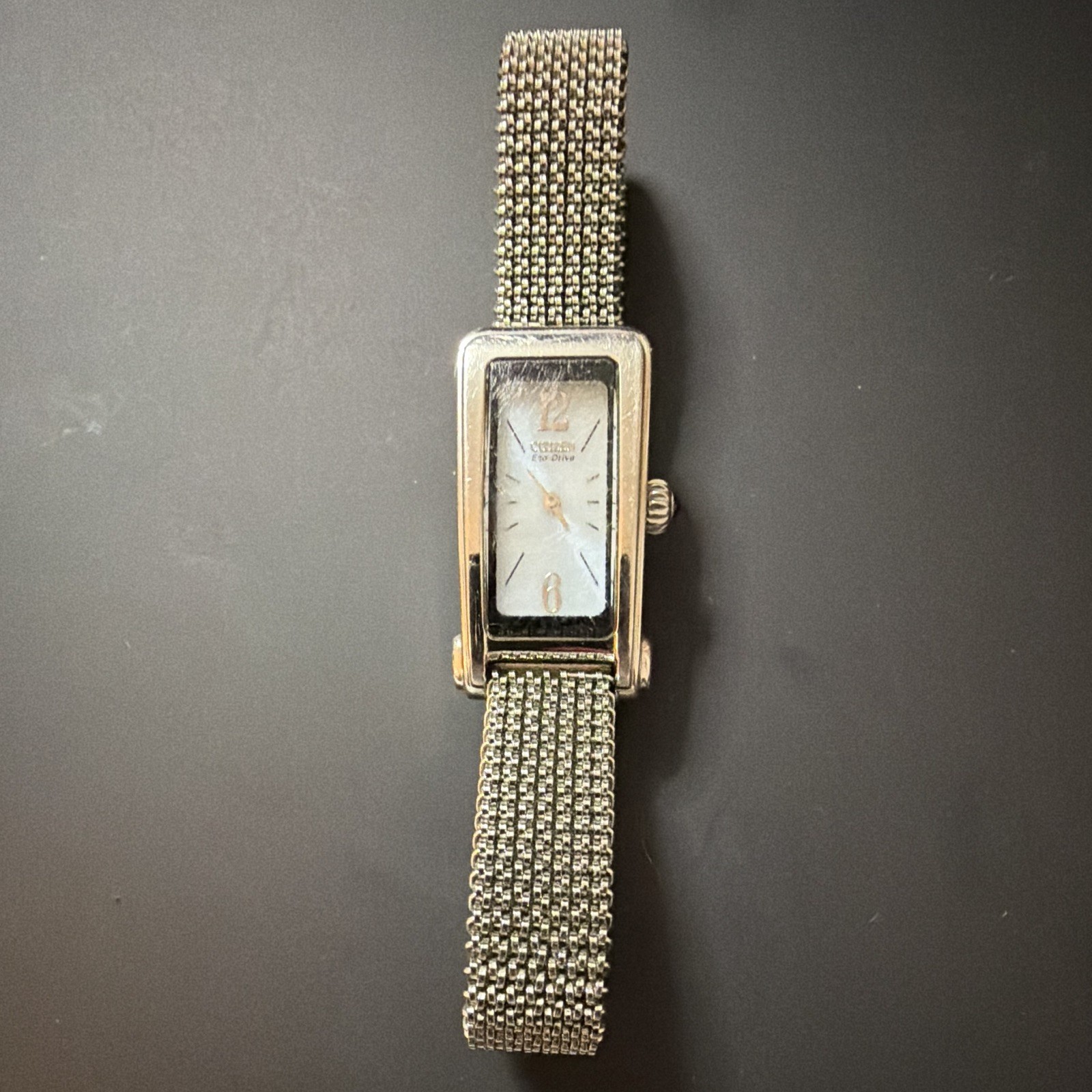 Citizen Eco-Drive Women’s Rectangular Silver Mesh Watch White Dial Arabic/Stick