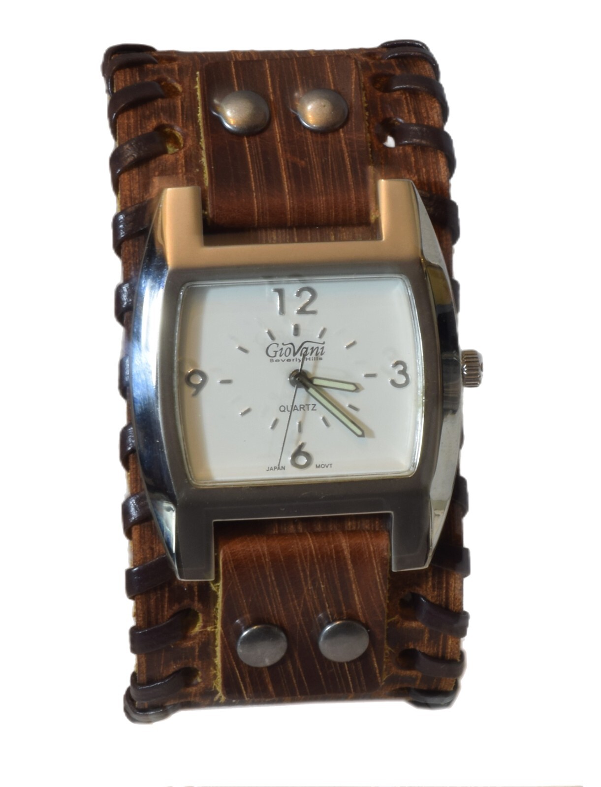 GIOVANI: Western punck style leather band Quartz Black/White/Green Face Watch