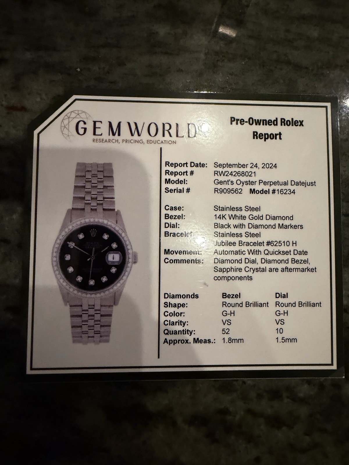 Rolex Datejust Gent’s Oyster Perpetual Serial # R909562 Model #16234