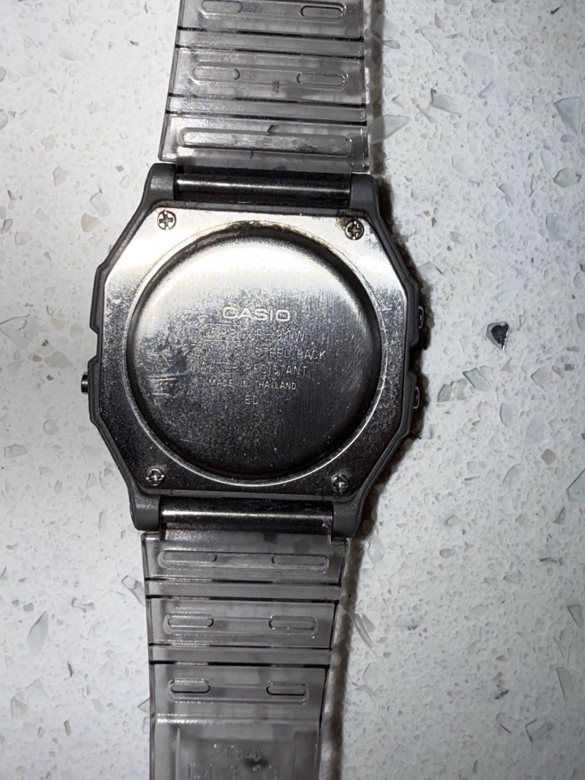 Casio F-91W Digital Quartz Watch Black Resin Case Gray/Clear Strap Alarm