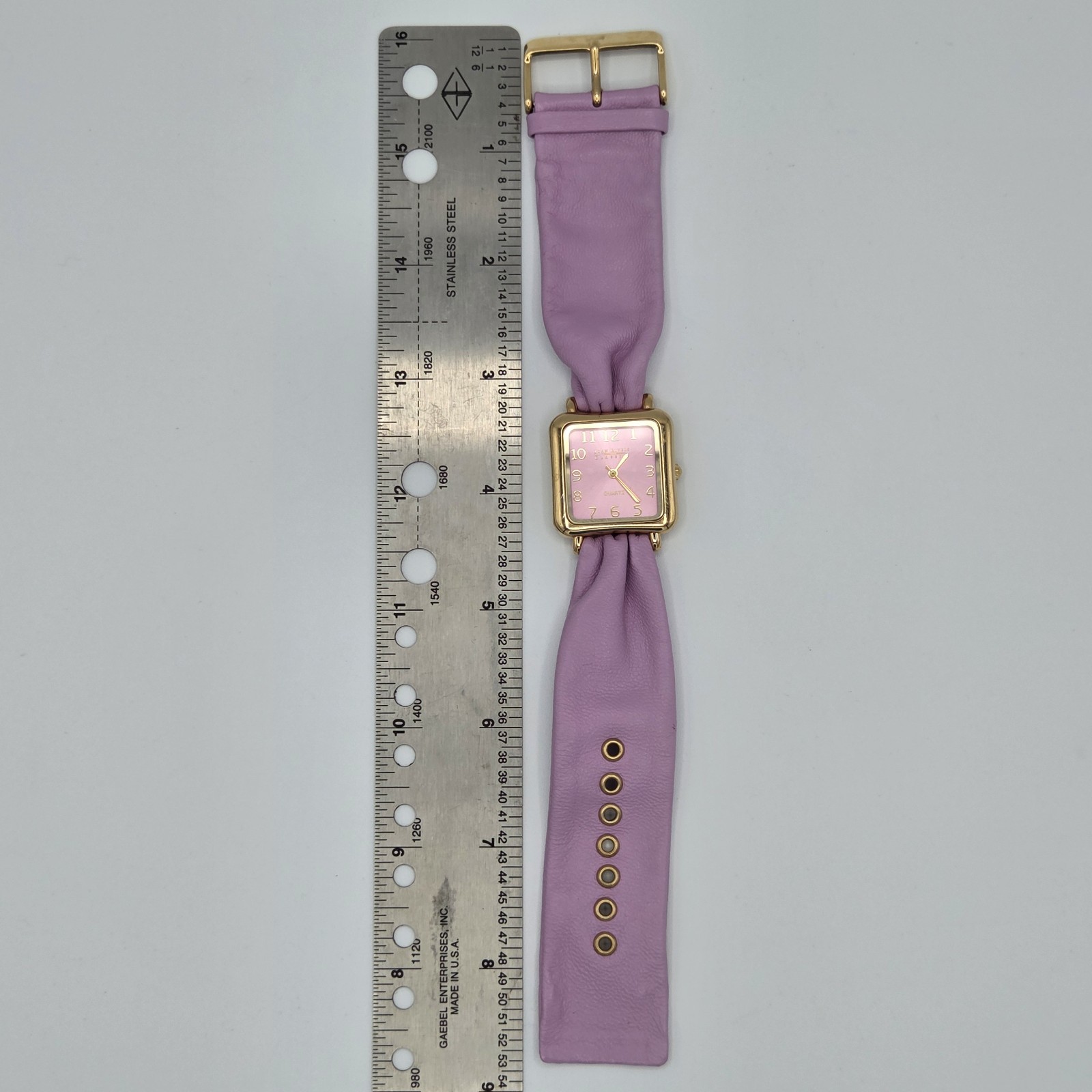 Joan Rivers Classics Watch Square Goldtone Case Pink Dial Purple Leather Band