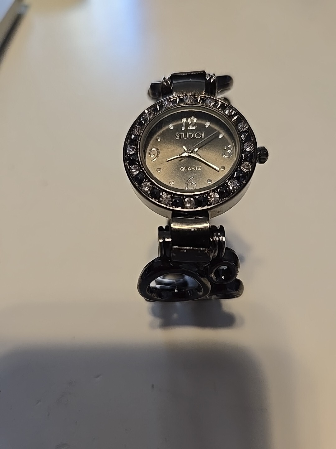 Studio 1 Women’s 8” Black Silvertone Cuff Bangle Watch Rhinestones New Battery