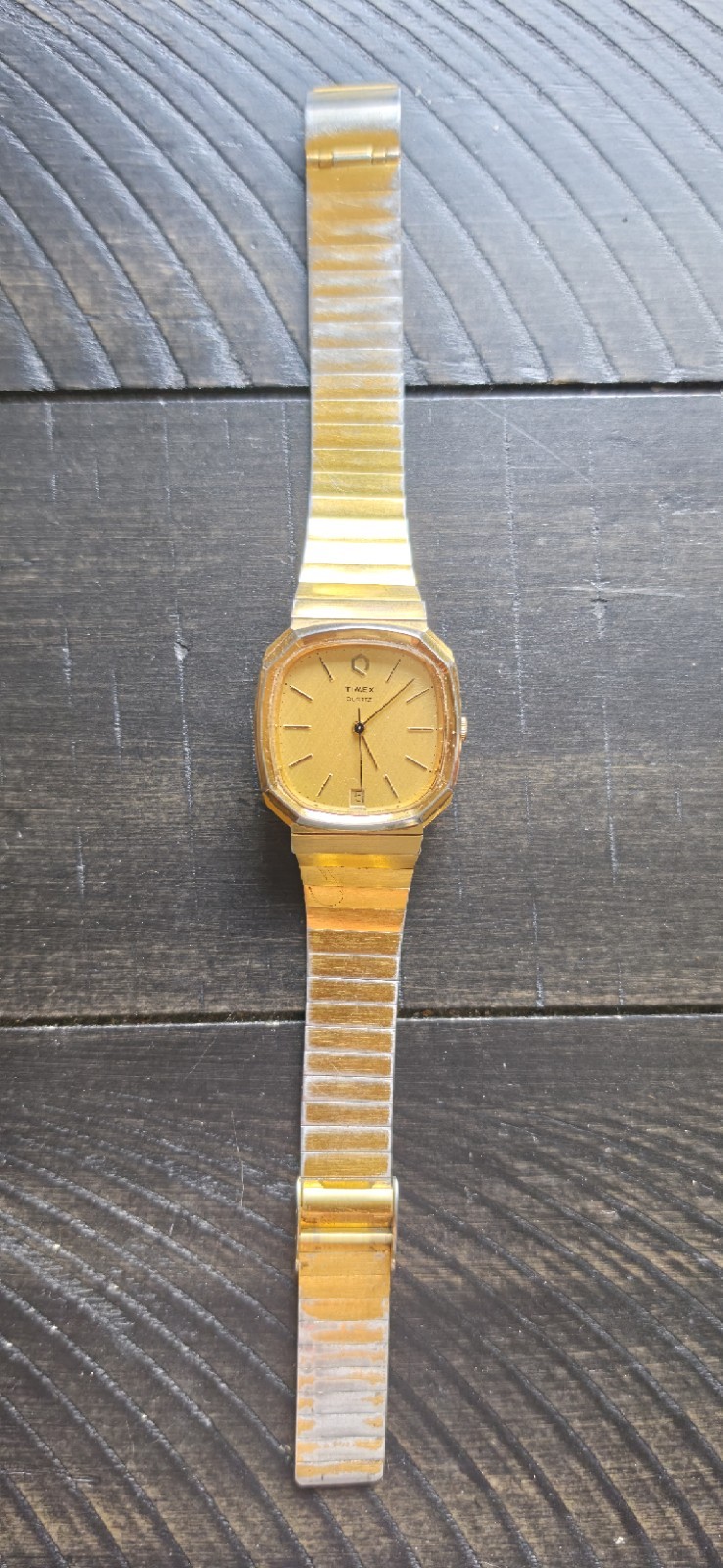 Timex Quartz Date Square Analog Dress Watch Two-Tone Gold Dial 18mm