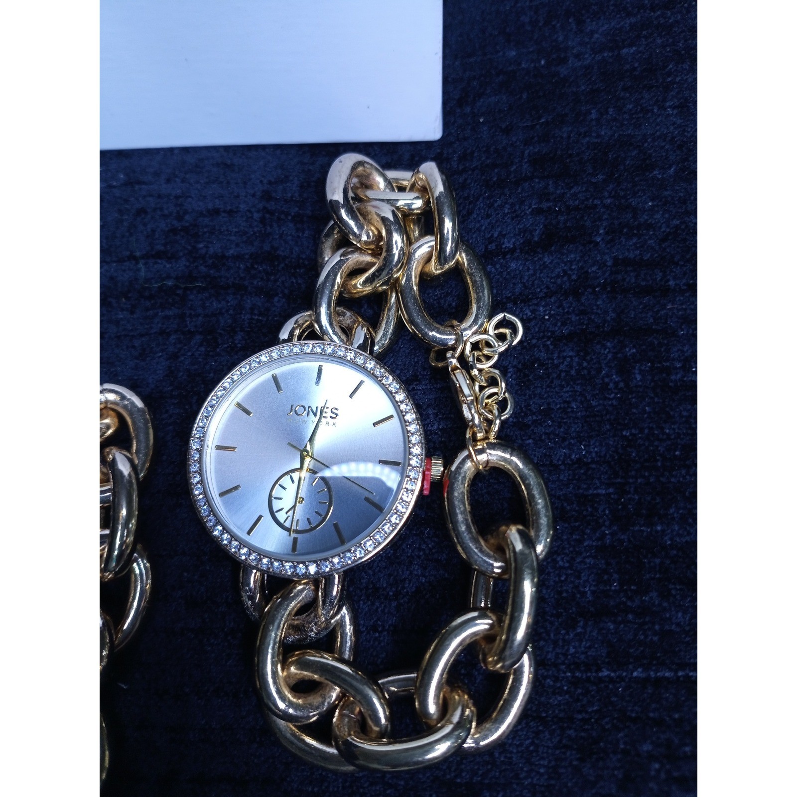 Jones New York Gold Tone Chunky Chain Watch and Bracelet Set Crystal Bezel Boxed