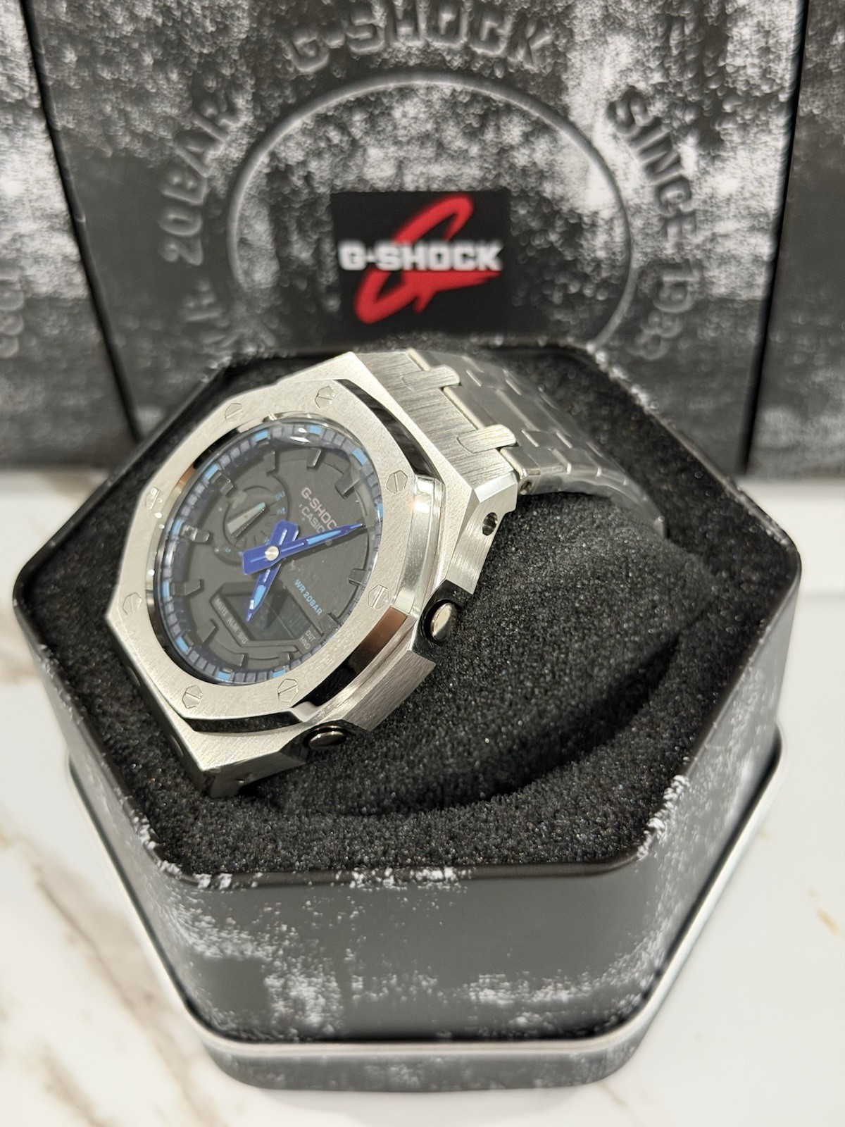 Casio GA-2100 G-Shock Watch – Sandblasted Silver Case Mod – Black Dial