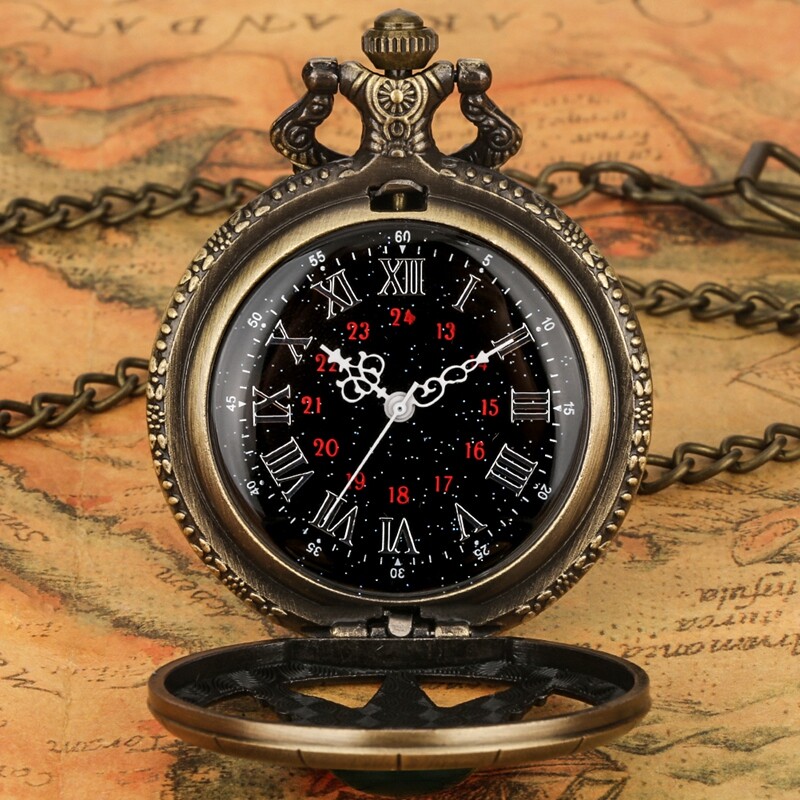 Steampunk Bronze Quartz Pocket Watch with Stone Decoration Chain Women Men Gifts