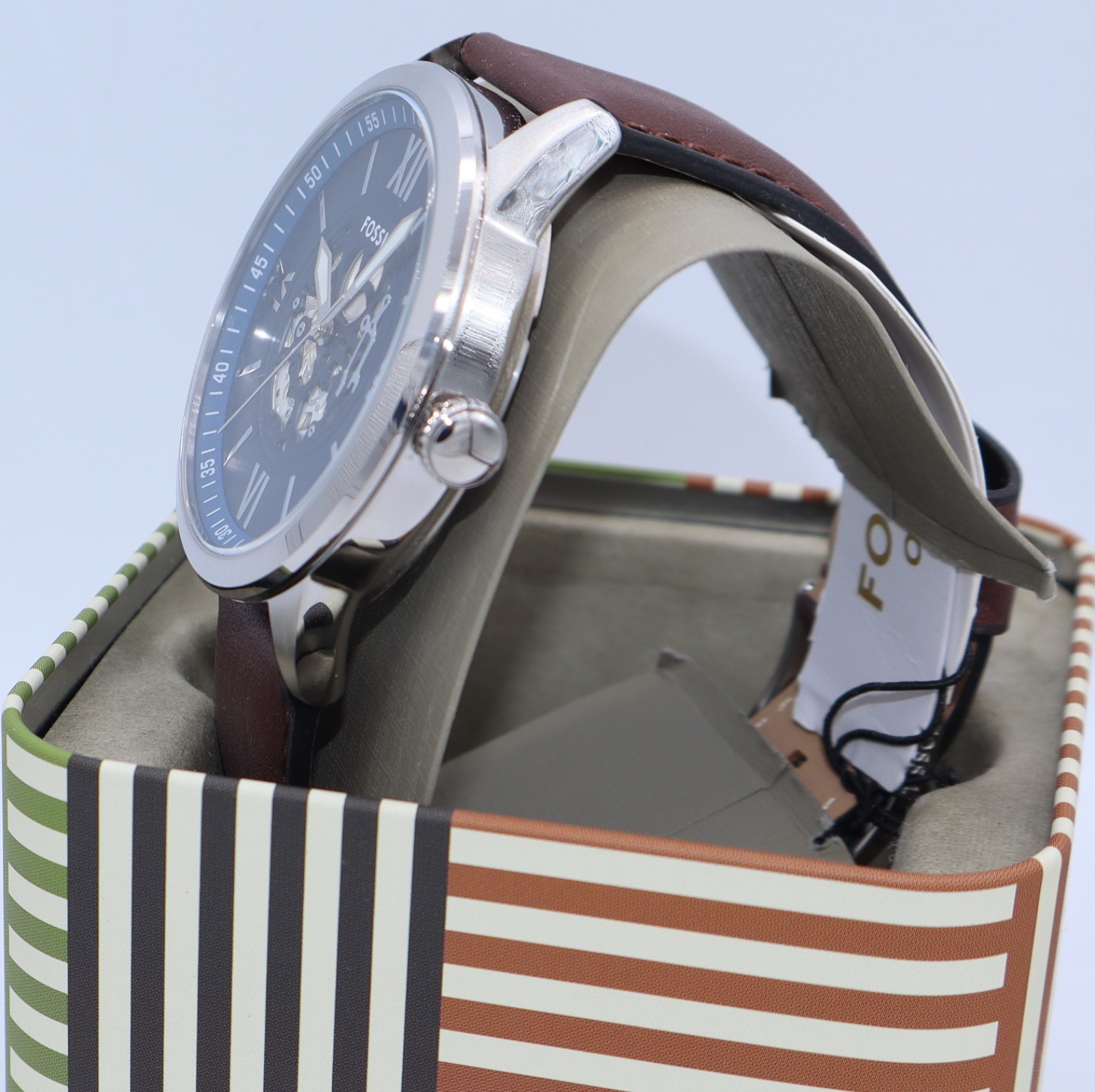 Fossil Flynn Silver Blue Brown Leather Skeleton BQM7128 Mens Watch