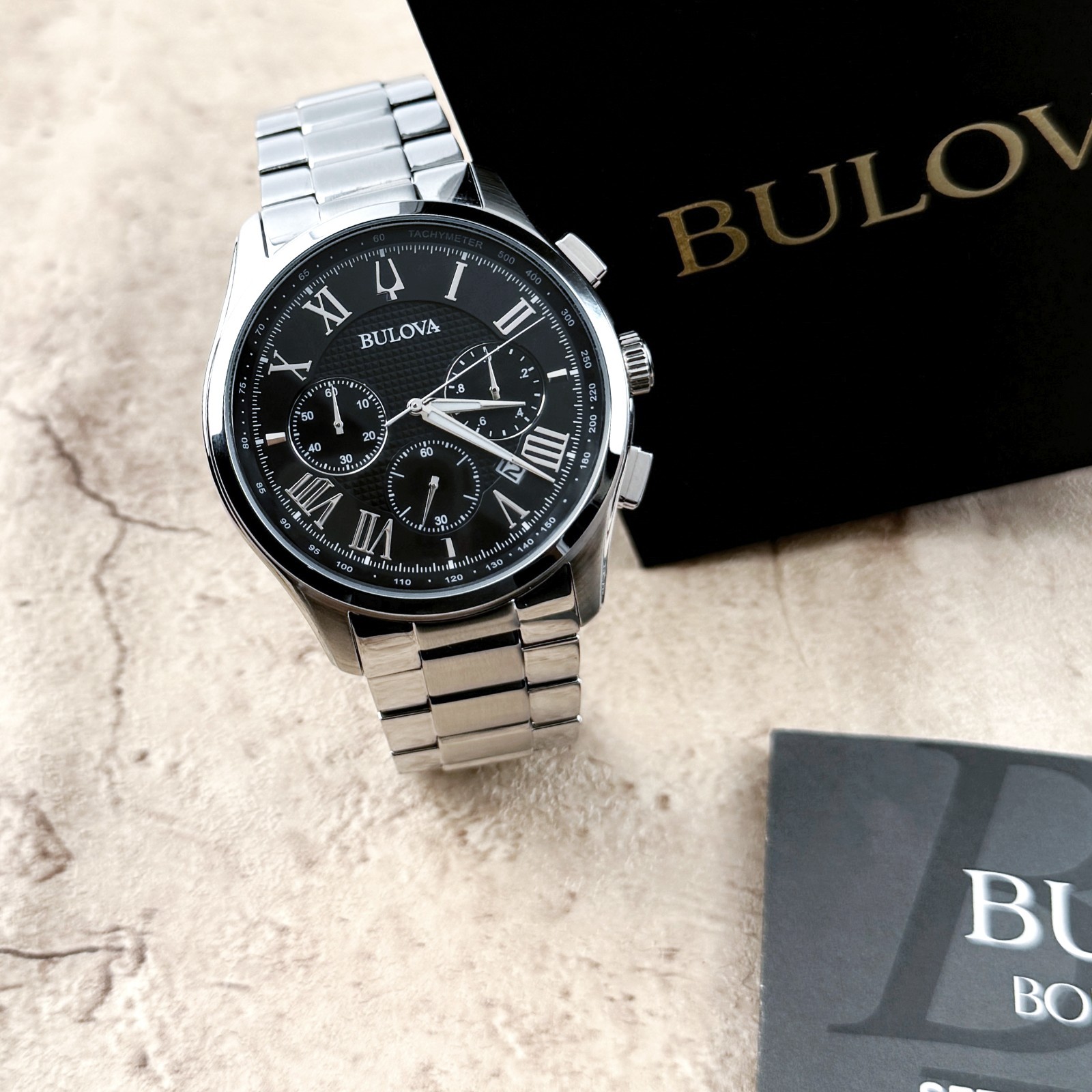 New Bulova Classic Dark BlackTextured Dial Chronograph Men’s Quartz Watch 96B288