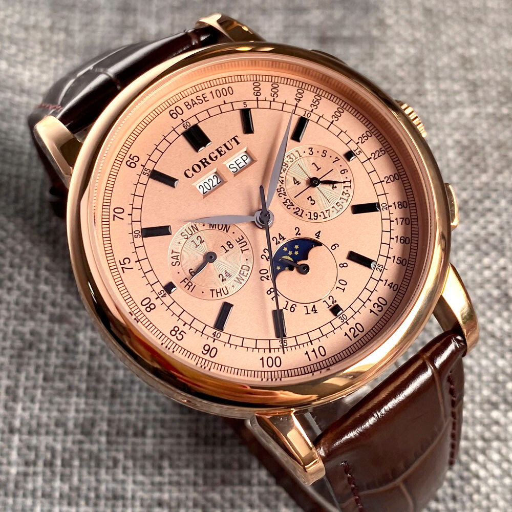 42mm corgeut pink dial multifunction Sea-gull 1655 automatic mens watch
