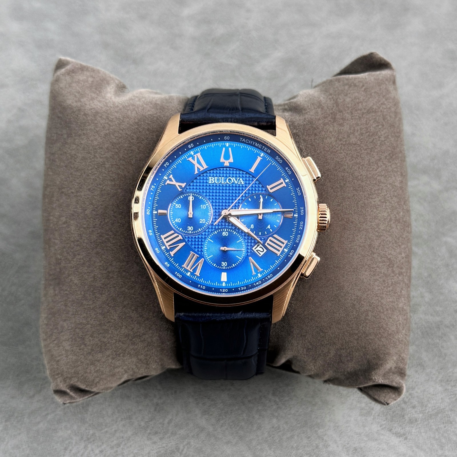 Bulova Men’s Classic Quartz Chronograph Dial Blue Leather Strap Watch 46mm97B170