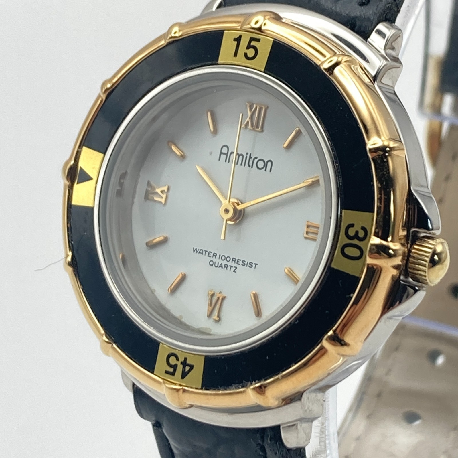 Vtg Armitron Womens Watch Gold Silver Tone Rotating Bezel New Battery SMALL 7.5″