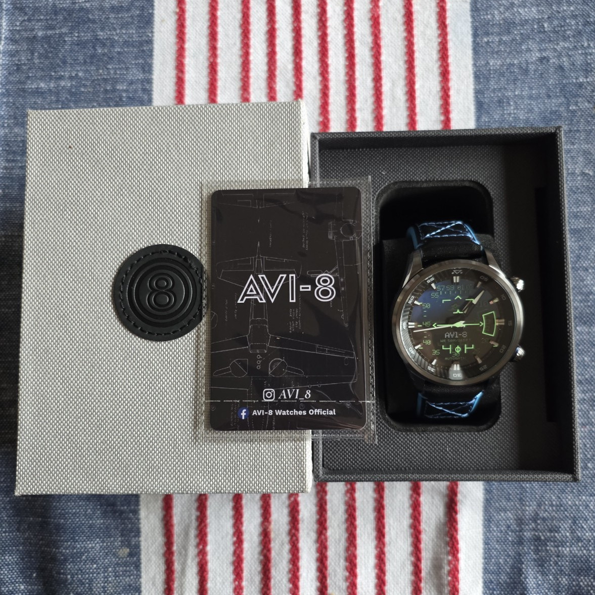 AVI-8 Hawker Hurricane Quartz Chronograph 45mm Black/Blue Leather Box
