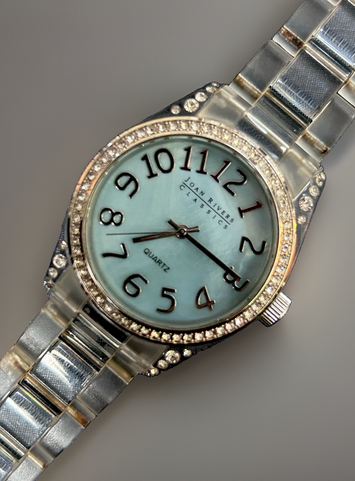 JOAN RIVERS CLASSICS Ladies Watch Rhinestones Blue Pearlescent Face Acrylic Band