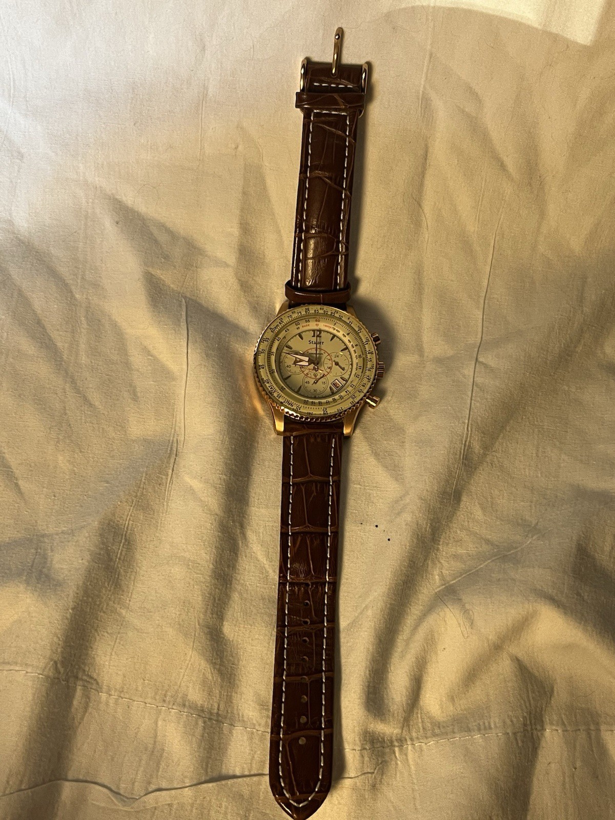 Stauer 1930 Dashtronic Quartz Chronograph Date Gold Case Brown Leather 42mm