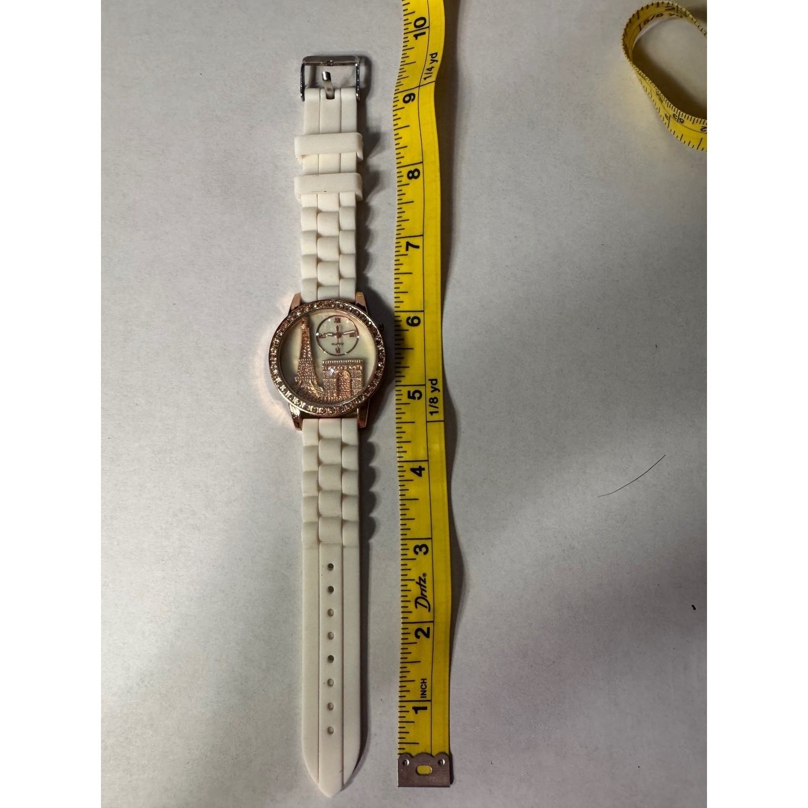Paris Eiffel Tower Rose Gold Rhinestone Quartz Watch White Silicone Band