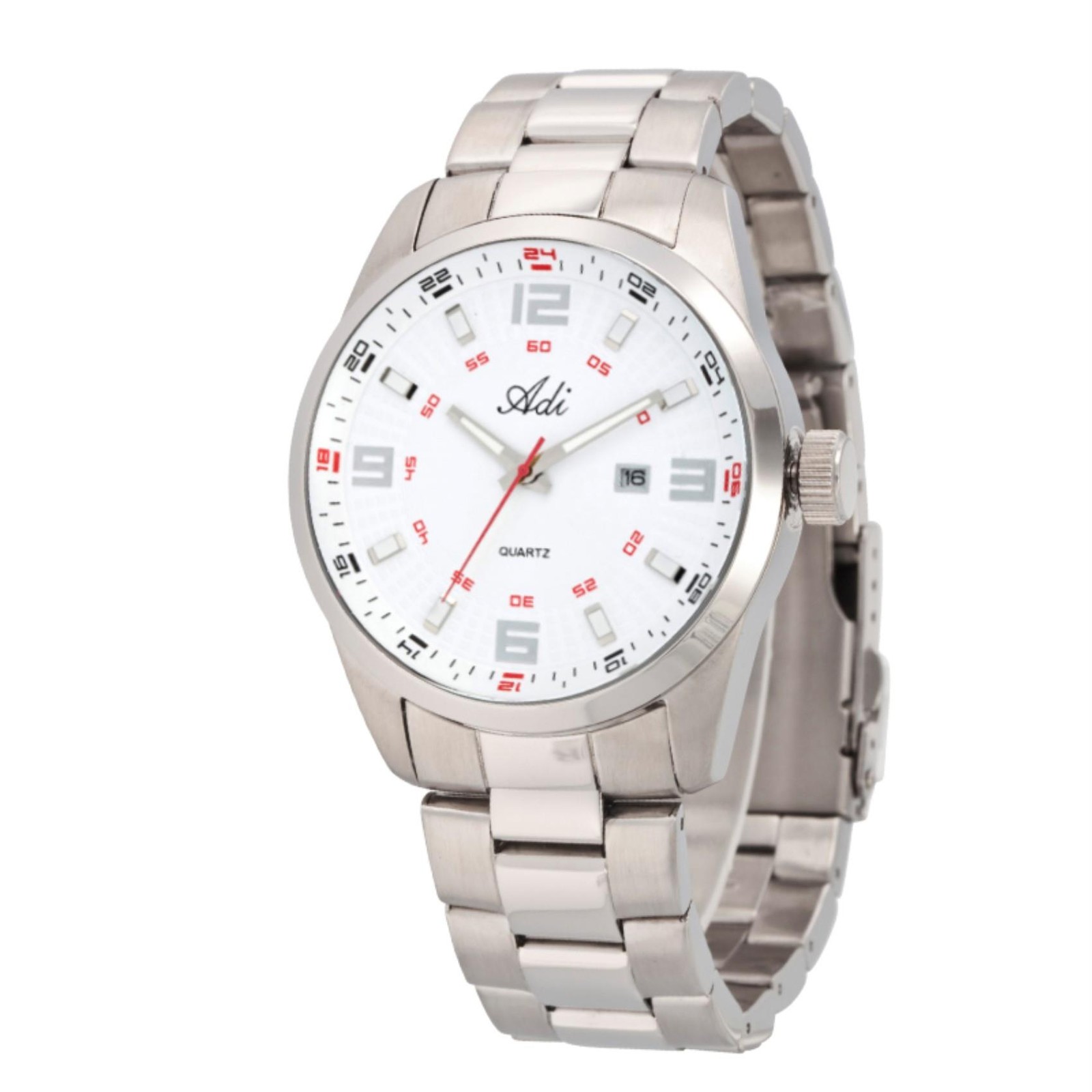 Adi Men’s Stainless Steel Watch with White Dial, Date Window, Water Resistant