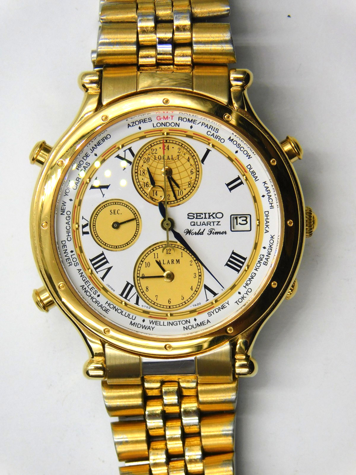 Seiko World Timer 5T52-7A19 GMT Alarm Quartz Mens Wrist Watch