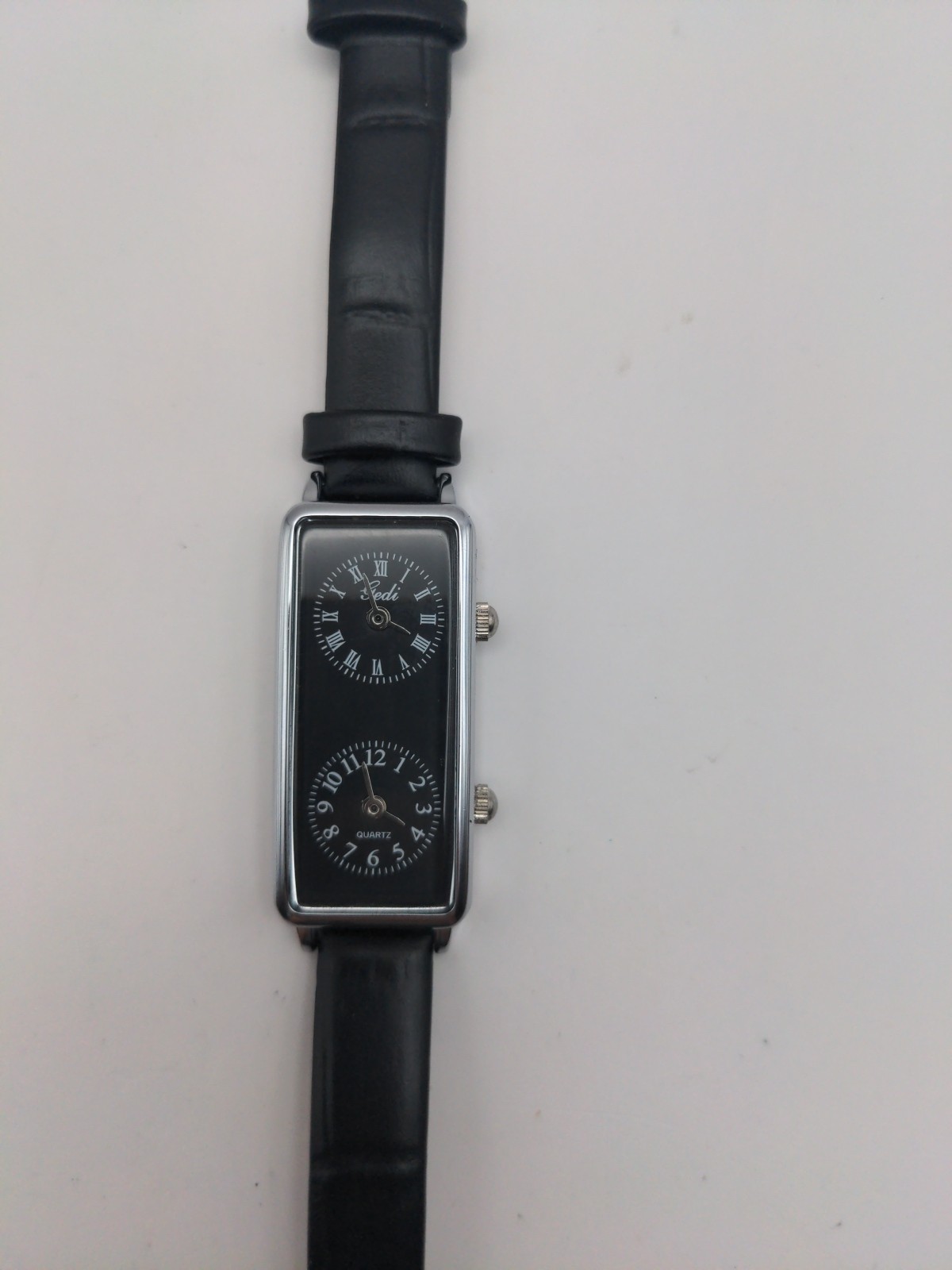 Gedi Womens Watch Tank Style Dual Watch Silver Tone Black Dial & Band New Batt