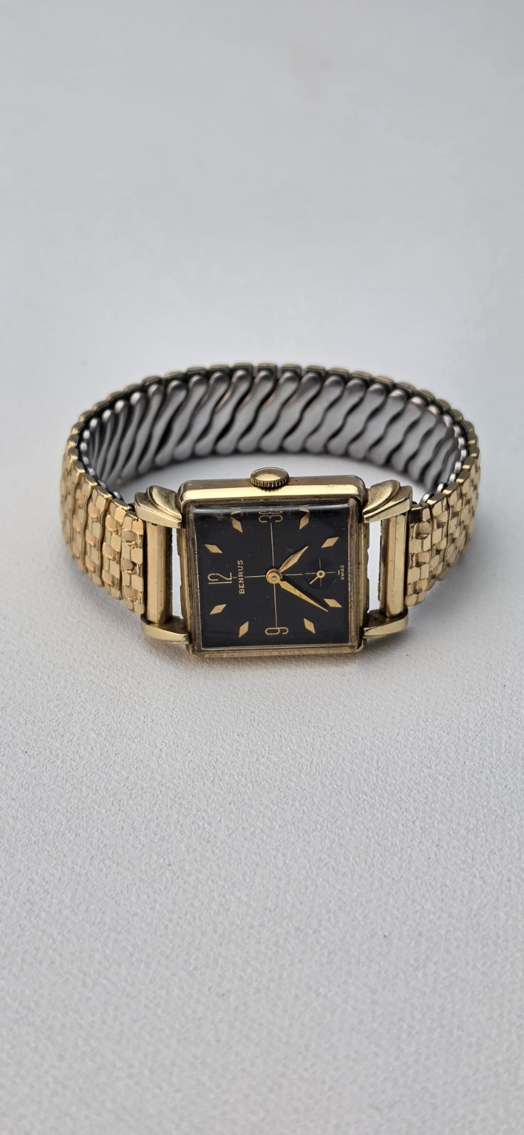 Benrus Vintage 1940s Manual Wind Rectangular Dress Watch Black Dial Gold