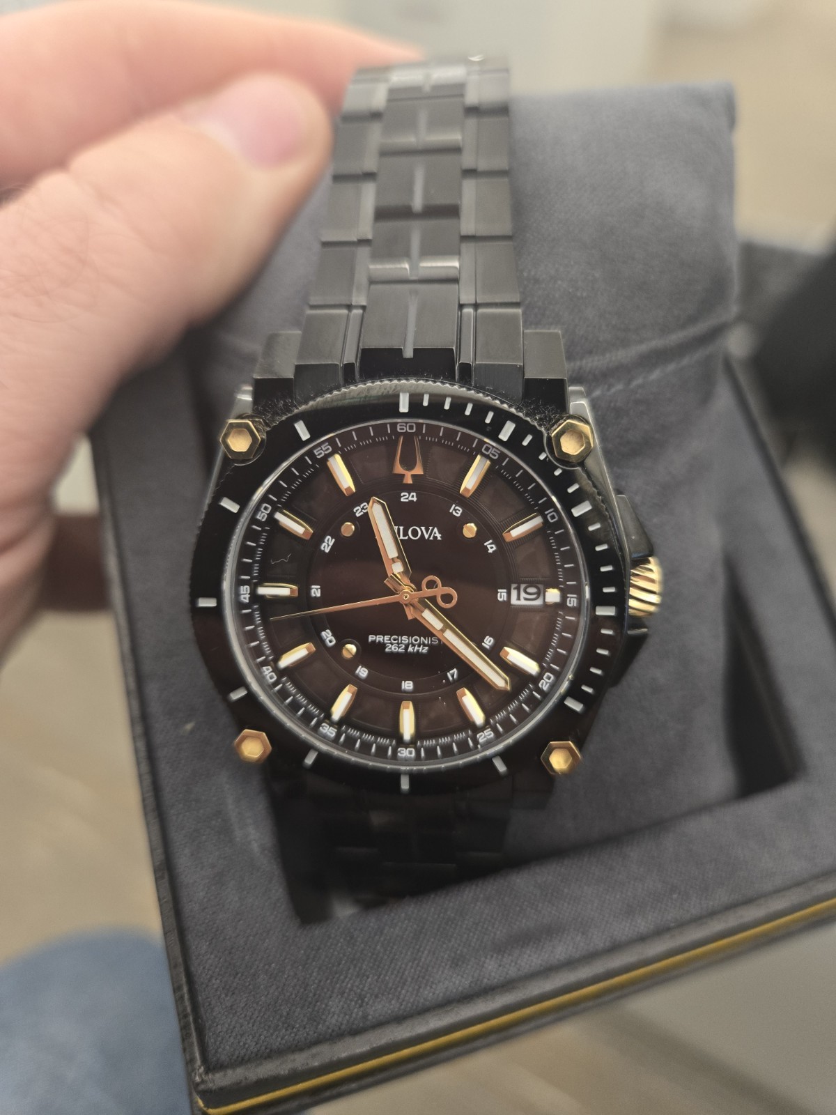 Bulova Precisionist Men’s Quartz Watch Black/Gold Steel 46mm Date 50m Box