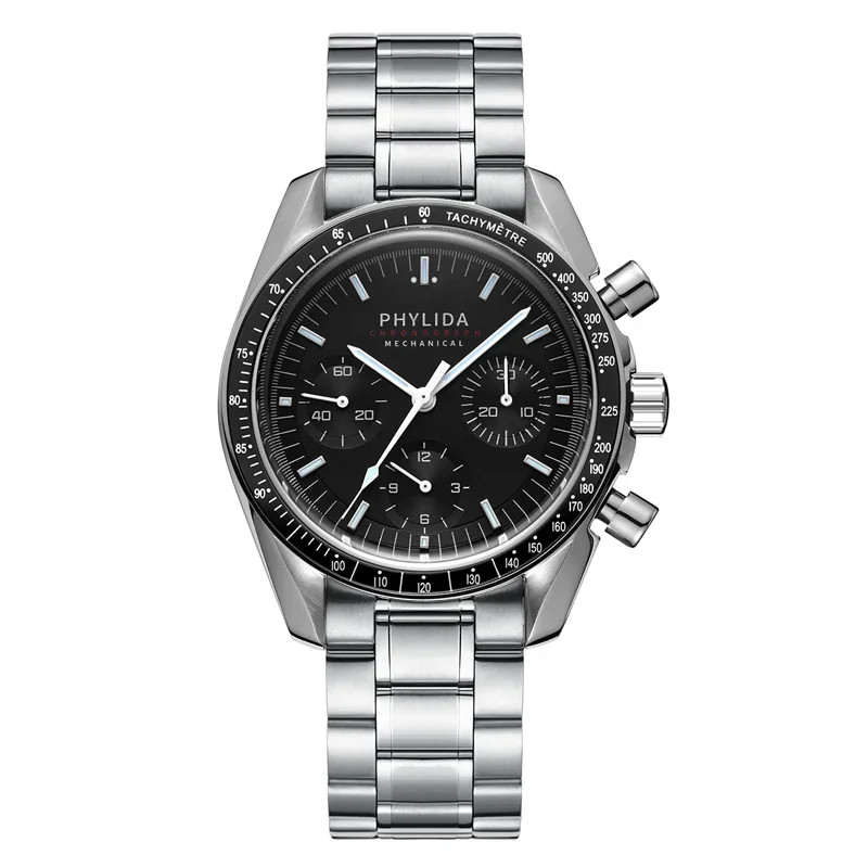 PHYLIDA 40mm Men’s Mechanical Chronograph Watch Black Dial Stainless Steel