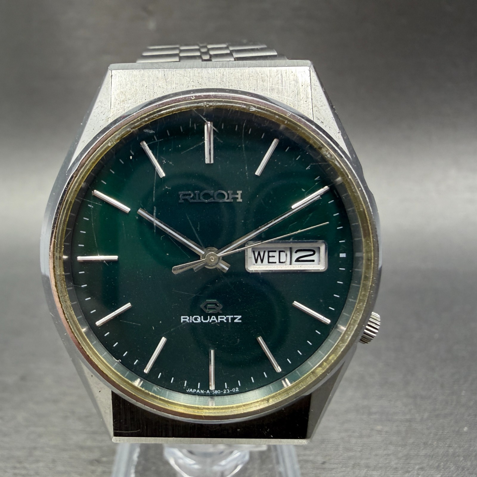 Ricoh Riquartz Watch Men 36mm Green Dial Silver Tone Daydate Round New battery